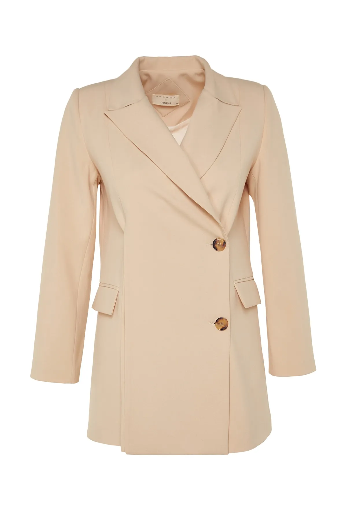 Trendyol Modest  X Kevser Sarıoğlu Beige gewebte Jacke mit Faltdetail TCLSS23CK00003