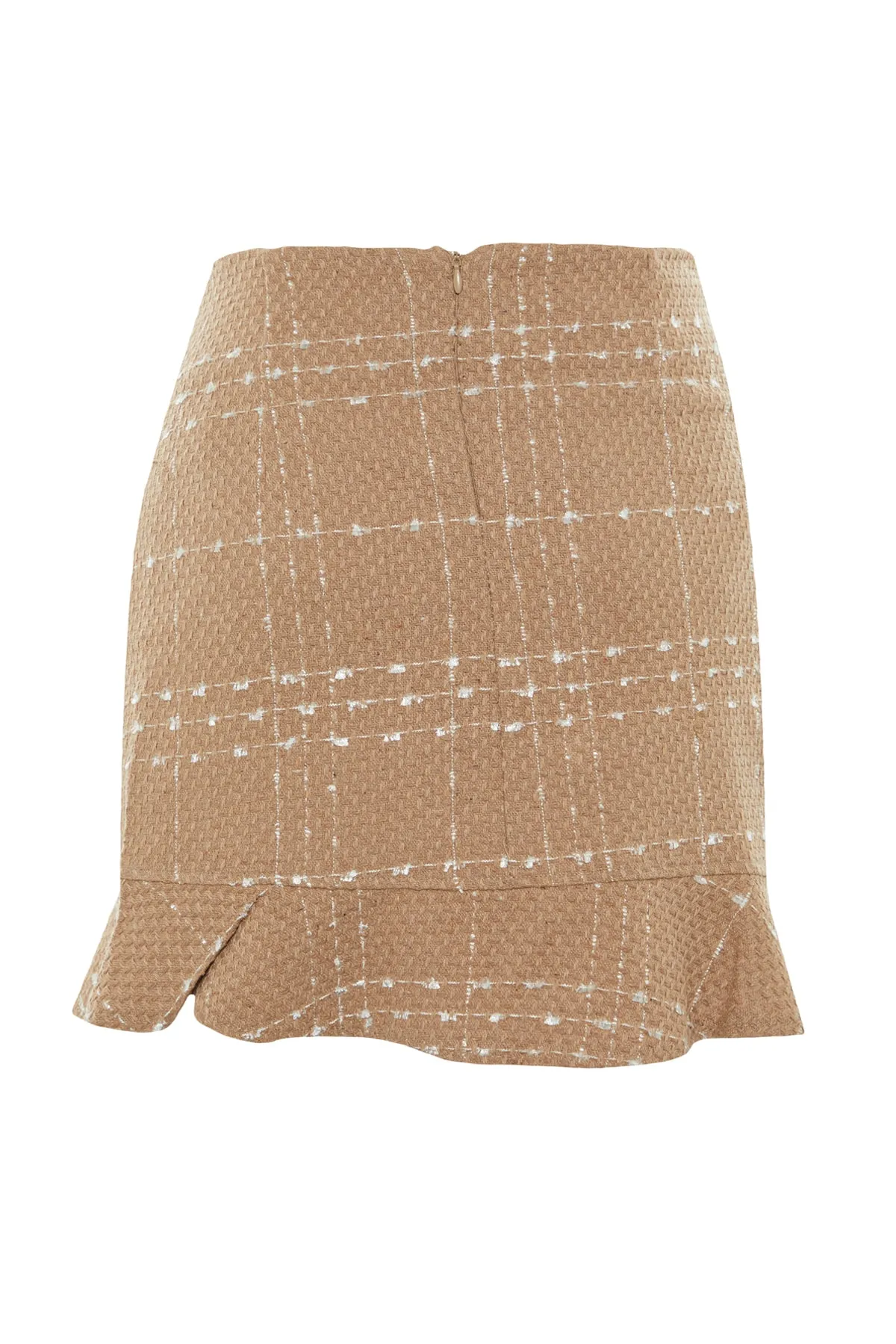 Trendyol Collection  Brauner geknöpfter Tweed-Stoffrock mit Volantspitze und Mini-Webrock TWOAW22ET0155