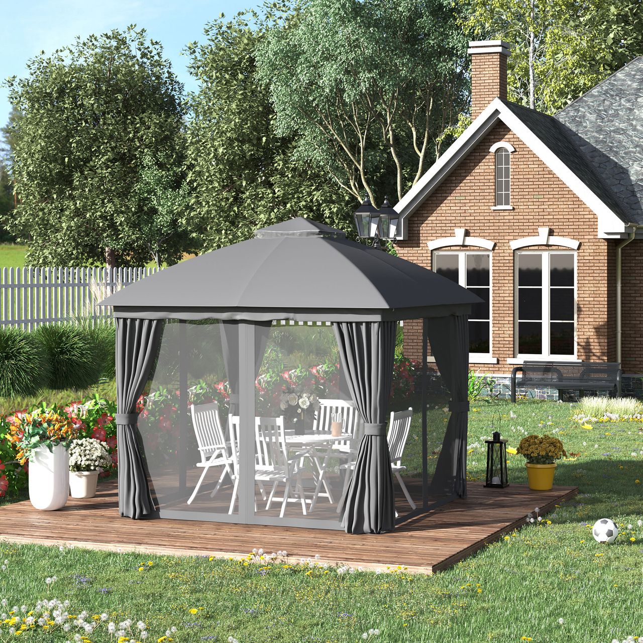Outsunny Gartenpavillon Pavillon 3 x 3 m mit Doppeldach mit Moskitonetz Alu