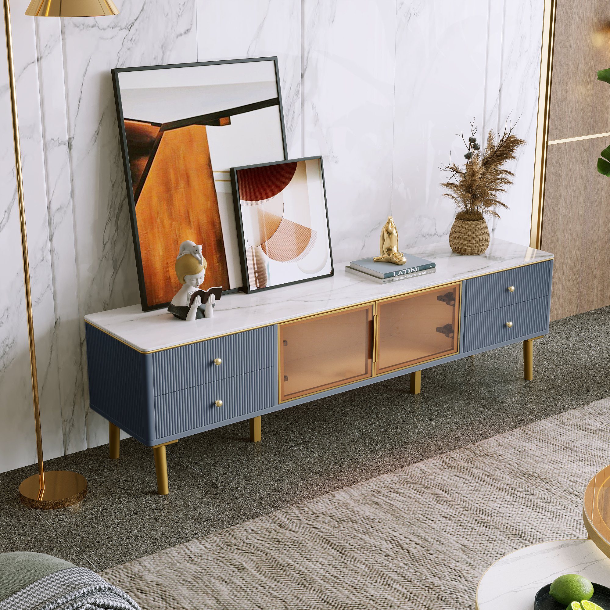 OKWISH TV-Schrank TV Schrank in Mamoroptik,Modernes TV-Lowboard für Wohnzimmer (4 Strukturierte Schubladen mit Goldenen Griffen, und zwei Braune Türen aus Gehärtetem Glas) für Wohnzimmer, 170*37*47,5cm