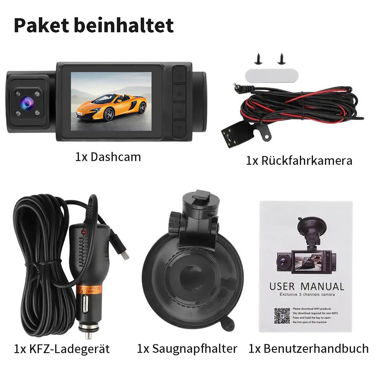 Yoyaxi Simultane Videoaufnahme mit drei Linsen Dashcam (Nachtsicht, Parkmodus und Bewegungserkennung für mehr Sicherheit)