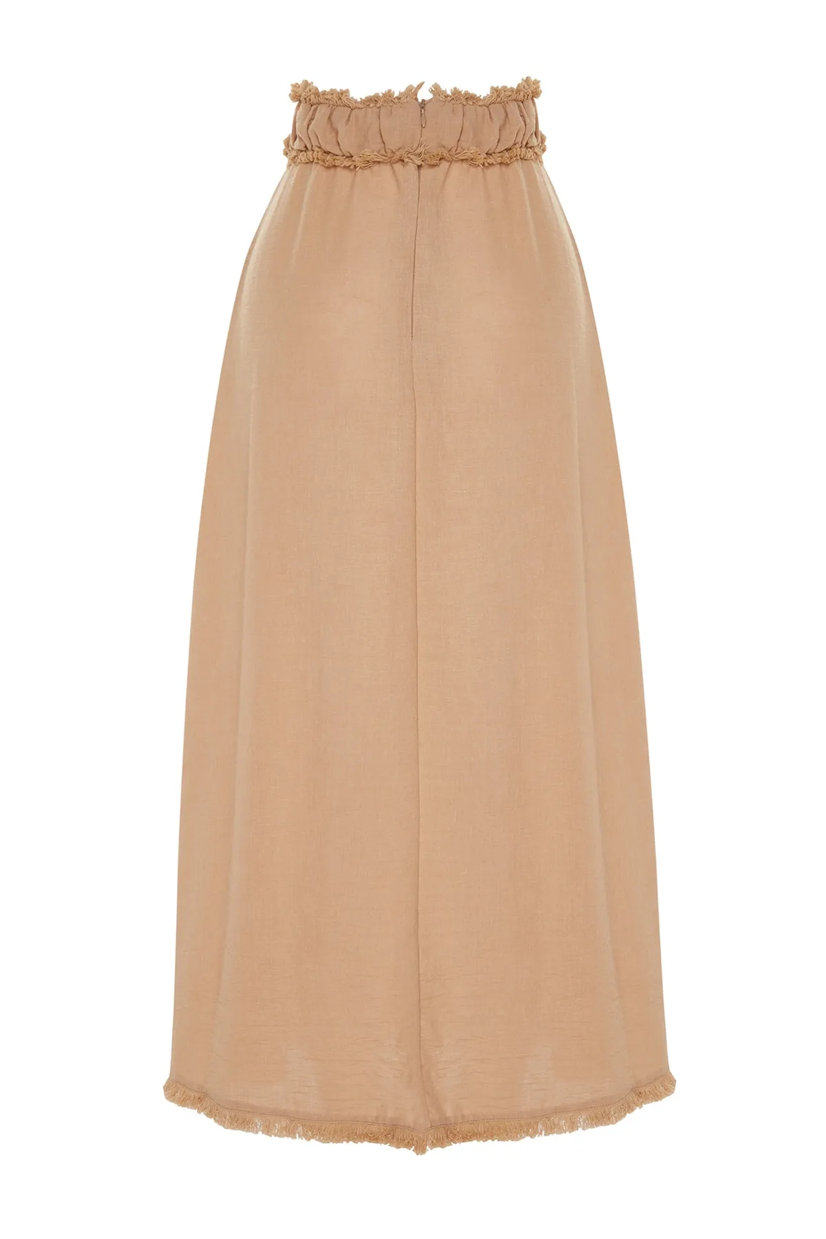 Trendyol Modest  X Kevser Sarıoglu Beigefarbener gewebter Rock mit Quastendetail an der Taille TCLSS23EE00000
