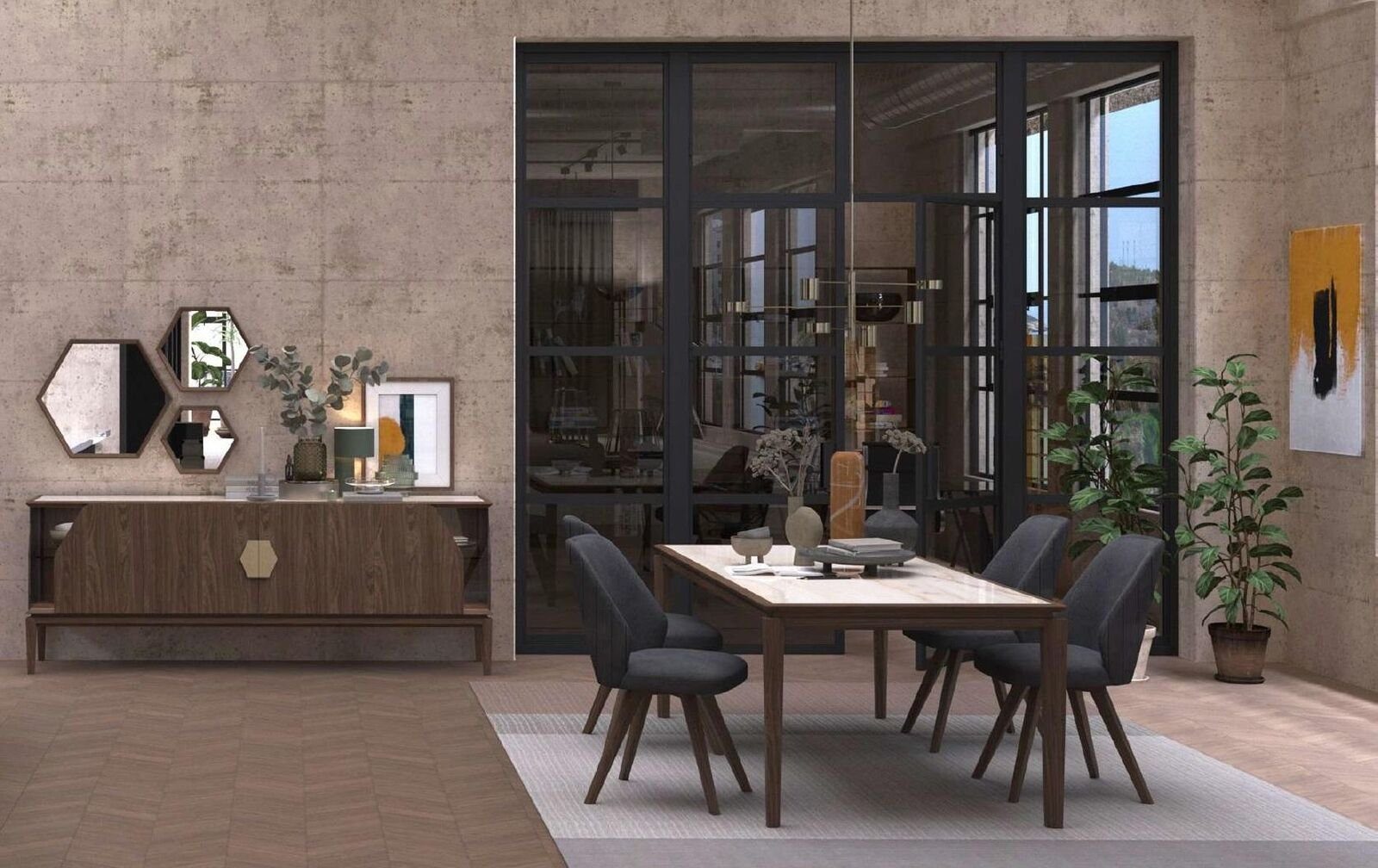 JVmoebel Esszimmer-Set Große Moderne Esszimmergarnitur Luxus Set Esstisch Stühle, (6-St., Esstisch, Anrichte, 4x Stühle), Made in Europe