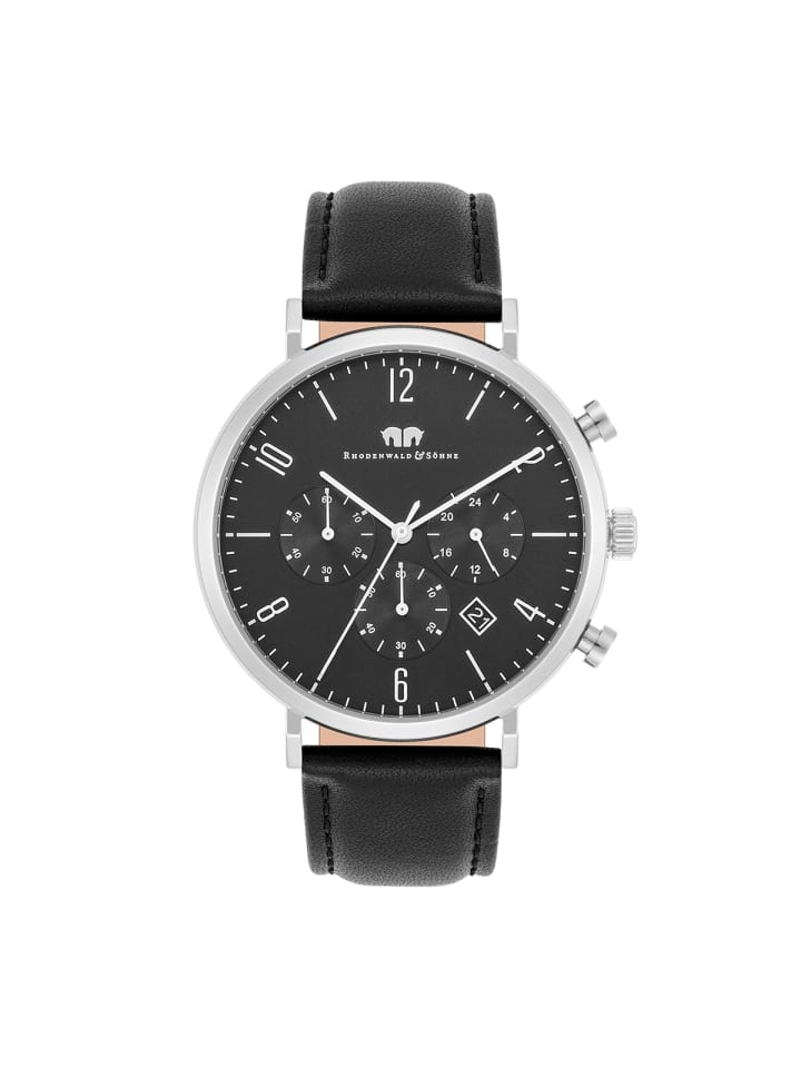 Rhodenwald & Söhne Herren Chronograph silber Echtleder schwarz in schwarz günstig kaufen 21 cm