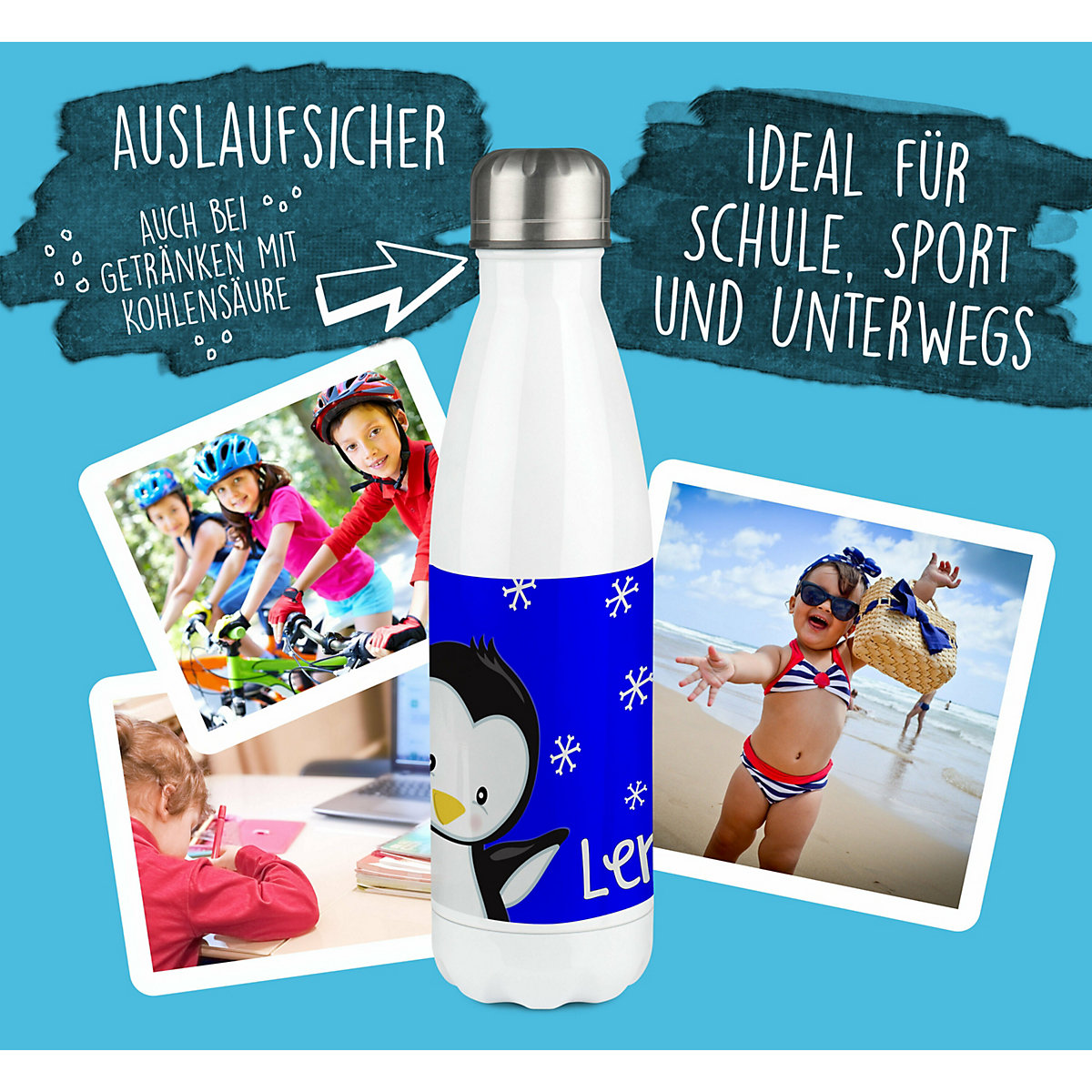 Edelstahl Kinder Thermoflasche / Trinkflasche bunt Pinguin Farbe blau Spülmaschinenfest, Auslaufsicher, Bruchfest, Doppelwandig, Für Heißgetränke geeignet, Mit Deckel, Isoliert
