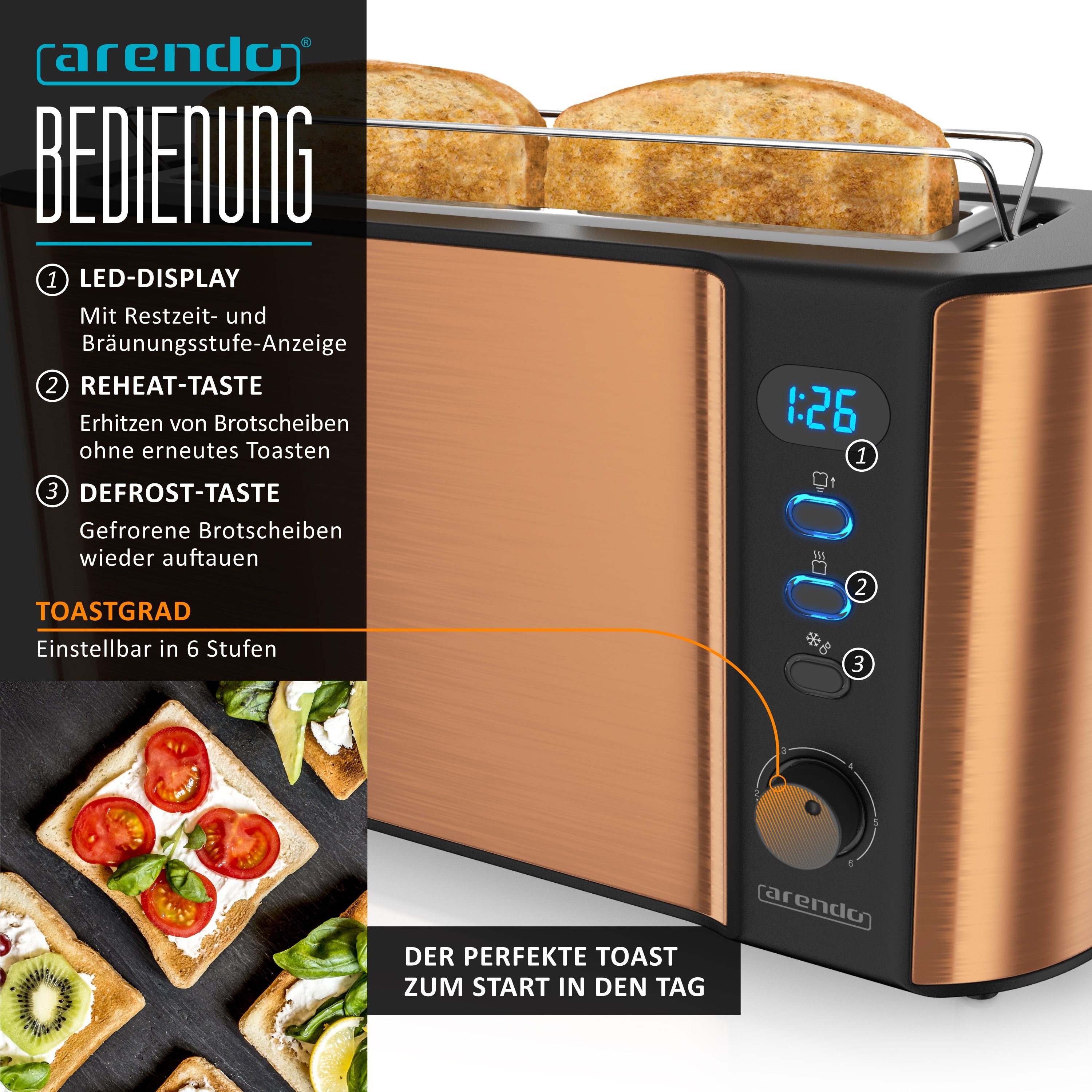 Arendo Frühstücks-Set (3-tlg), Wasserkocher 1,5l, 2-Scheiben Toaster, 3er Eierkocher, Kupfer
