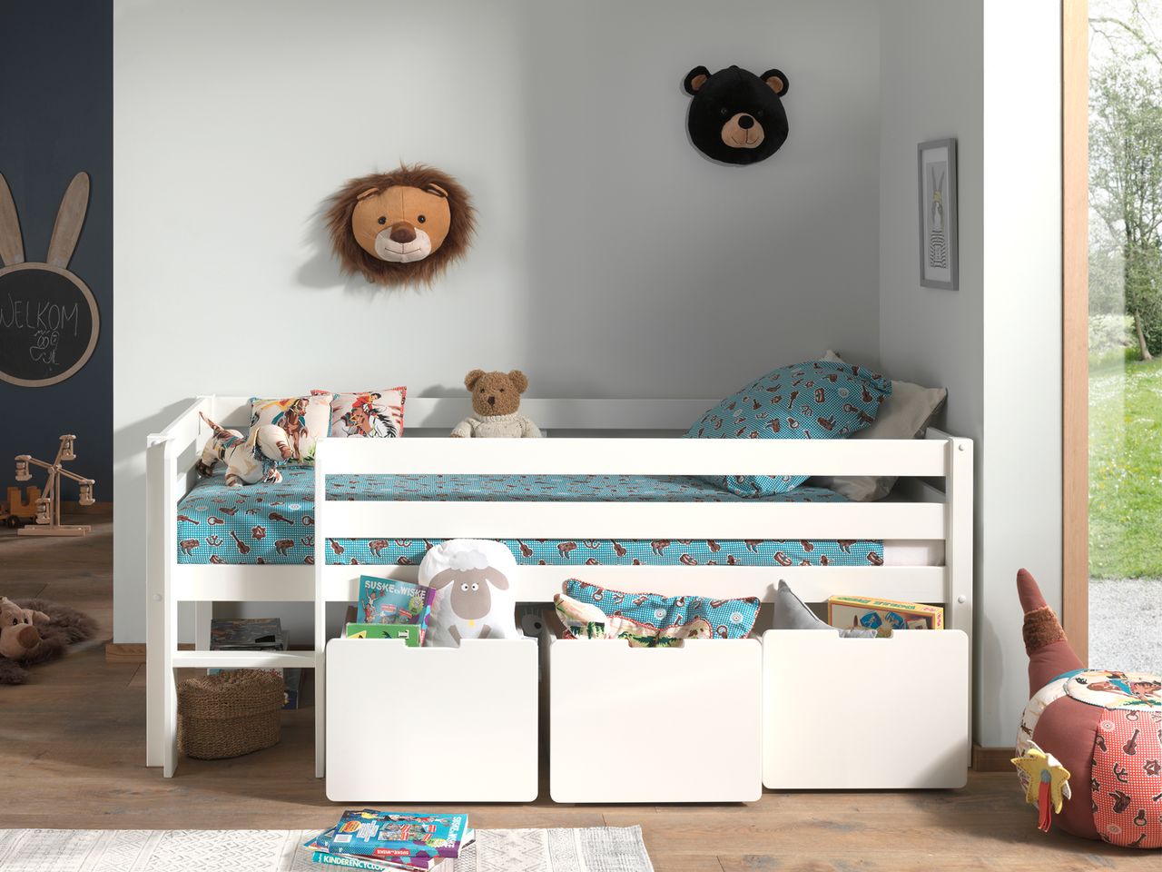 VIPACK Spielbett mit Liegefläche 90 x 200 cm, inkl. Leiter, Rolllattenrost und 3 Schubkästen, Kiefer und MDF weiß lackiert