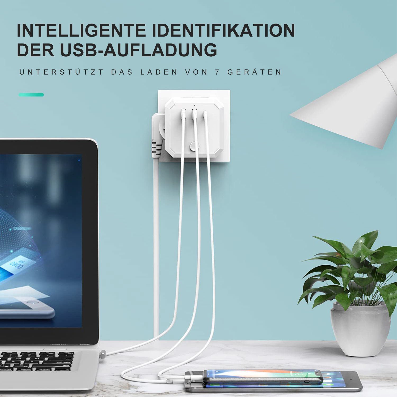 MAGICSHE Steckdose Steckdosenwürfel mit USB, 1X Zwischenstecker, Maximalstrom: 3,4 A, Ohne Kabel