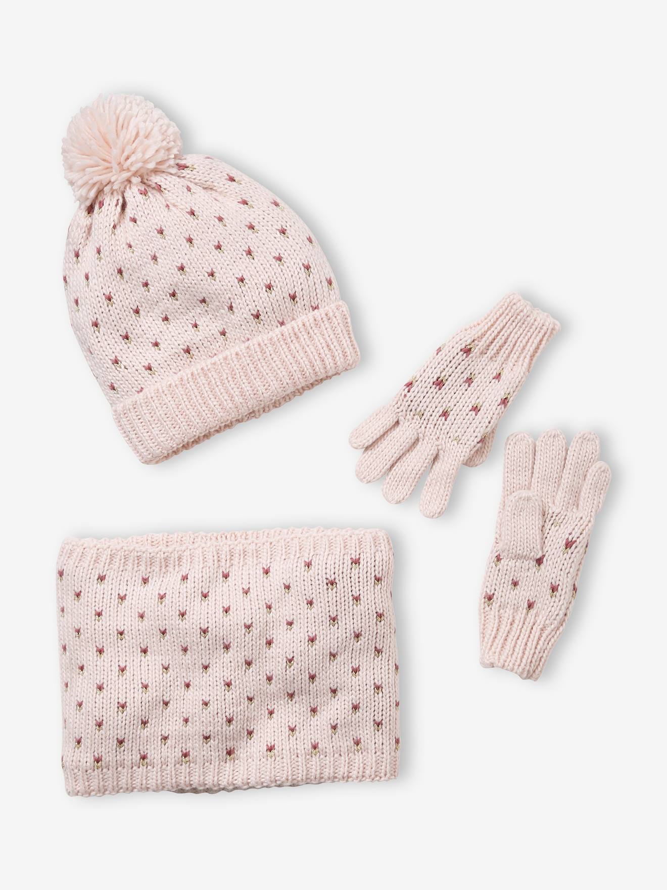 Vertbaudet Mädchen Set: Mütze, Loopschal & Handschuhe, Herzen BASIC - nachtblau bedruckt