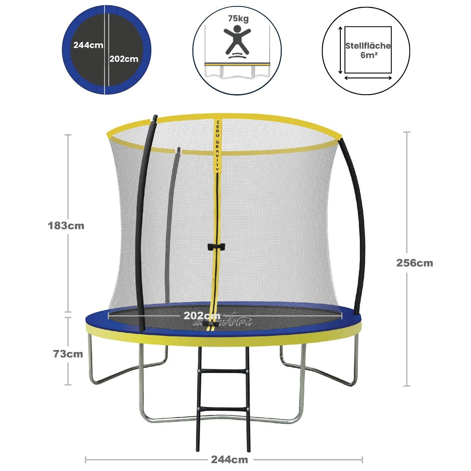Zero Gravity Gartentrampolin Ø183/244/305/366/427 cm, Leiter & Sicherheitsnetz, TÜV cert, Trampolin, Ø 244 cm, Quick-Fold Sicherheitsnetz, keine Schweißnähte, Outdoor