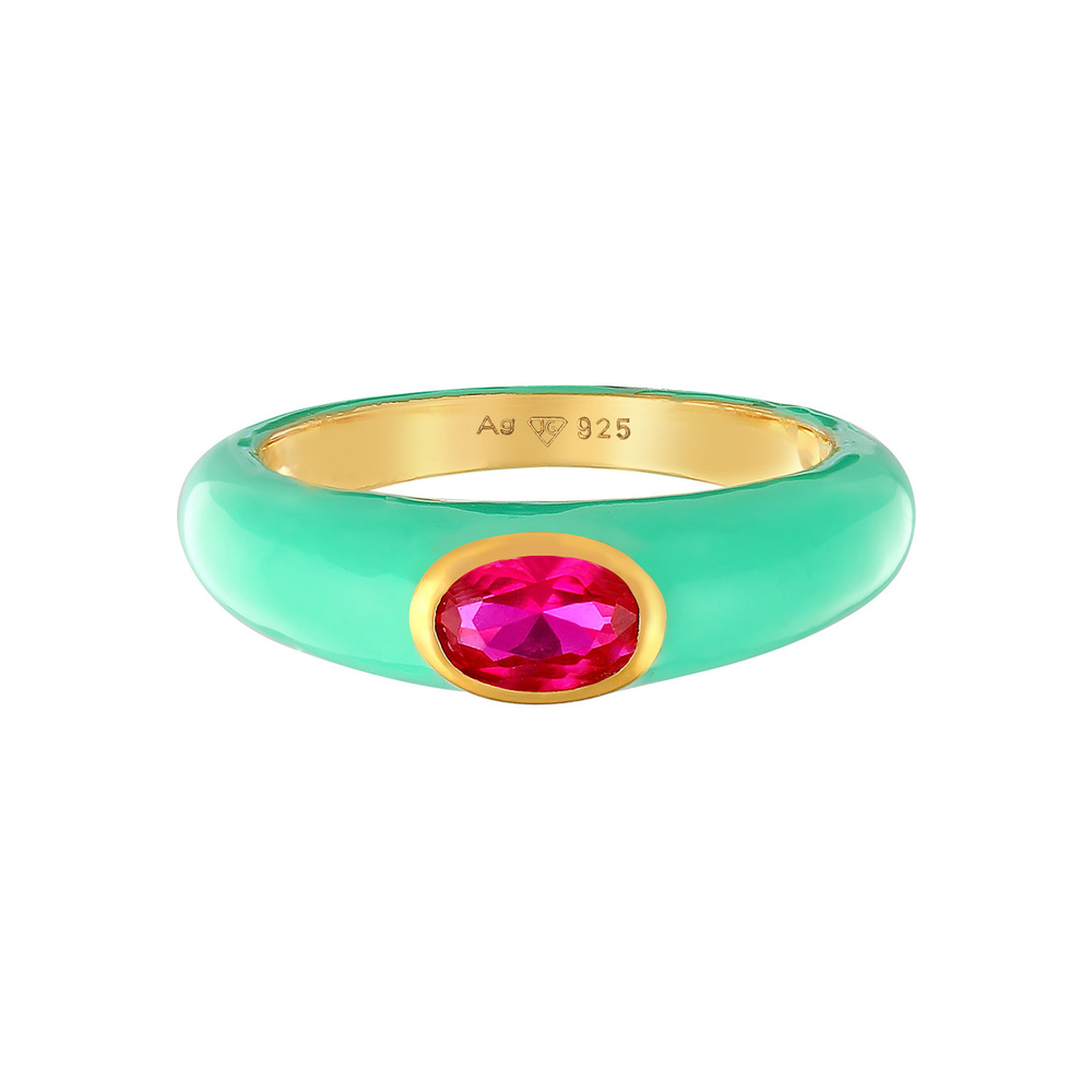 Elli Elli Bague Femmes Solitaire Ovale avec Émail Orange et Cristal de Zirconium Vert  Bague