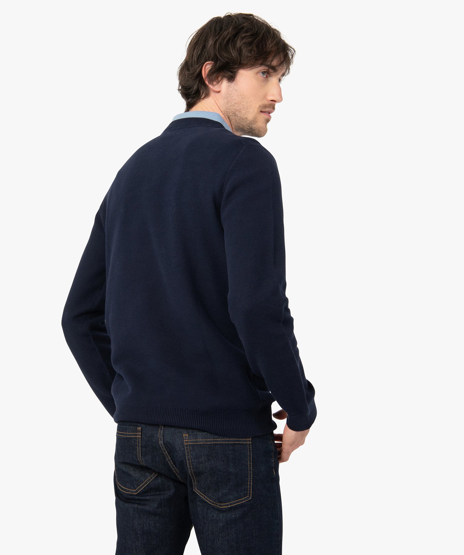 Pull homme en maille fantaisie unie bleu fonce | GEMO