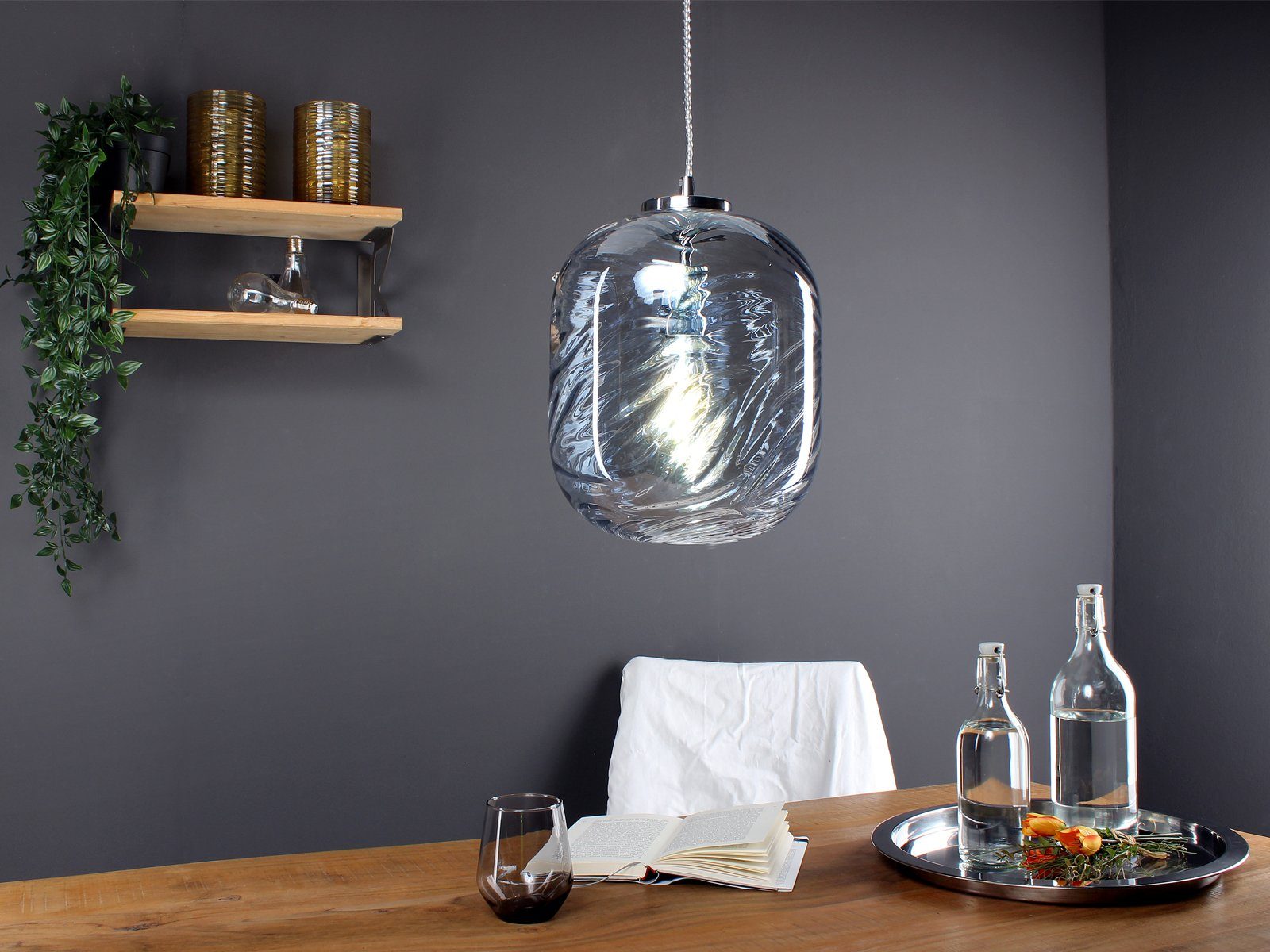 meineWunschleuchte LED Pendelleuchte, Dimmfunktion, LED wechselbar, Warmweiß, Designer Rauch-glas Lampenschirm für über-n Esstisch hängend, Blau