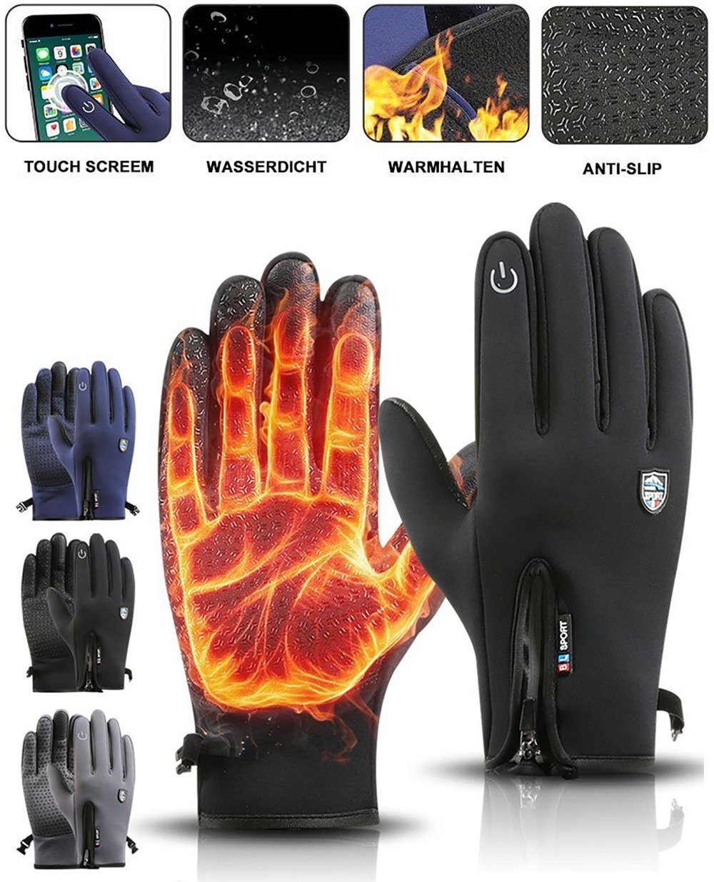 Deliana.home Fleecehandschuhe Warme Winterhandschuhe Winddicht,Touchscreen Handschuhe (1 Paar Winterradhandschuhe) rutschfestem Design,Futter zum Wandern Fahren Klettern Reiten Fahrrad
