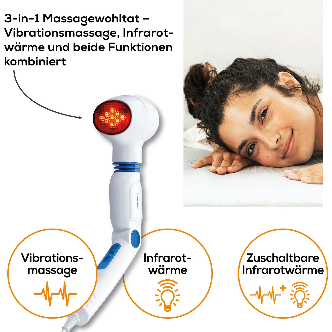 Beurer Infrarot-Massagegerät MG 40-Massagegerät für wohltuende Vibrationsmassage, Infrarotwärme & 4 Aufsätzen