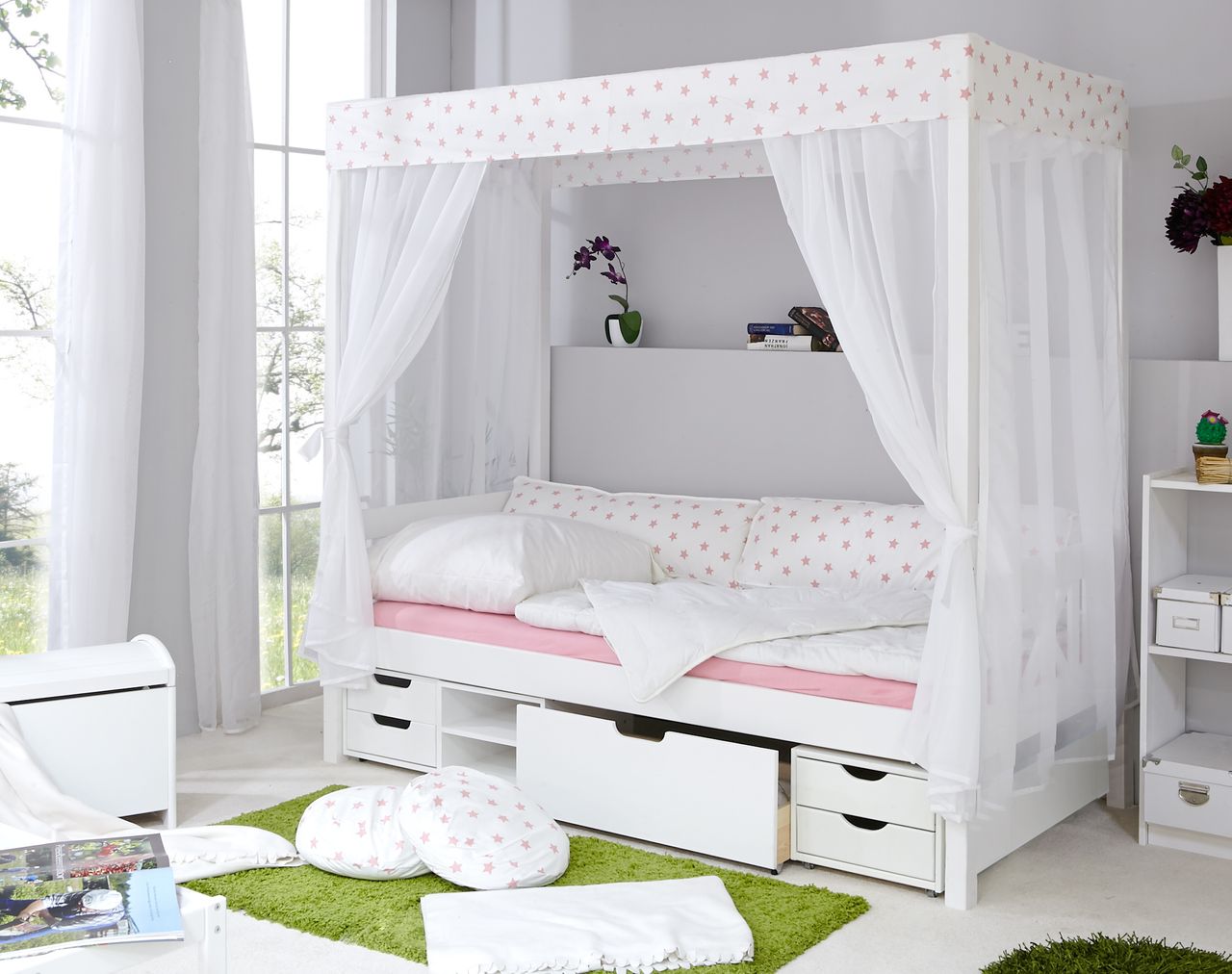 Ticaa Himmelbett weiß-Rosa Var. 3 - mit Funktionsschubkasten -