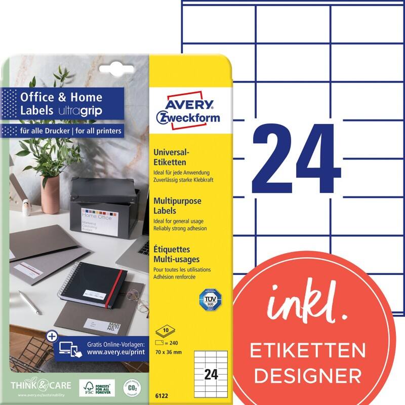 AVERY Zweckform ultragrip Universaletiketten 6122 Selbsthaftend DIN A4 Weiß 70 x 36 mm 10 Blatt à 24 Etiketten