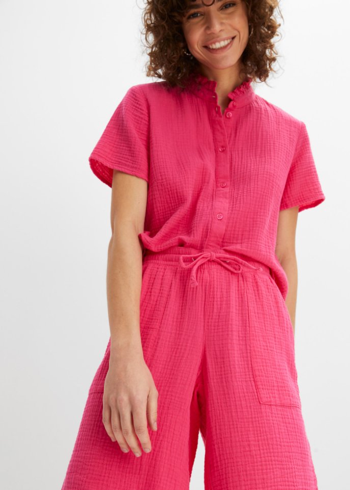 Musselin-Bermuda mit High-Waist-Bequembund und Taschen