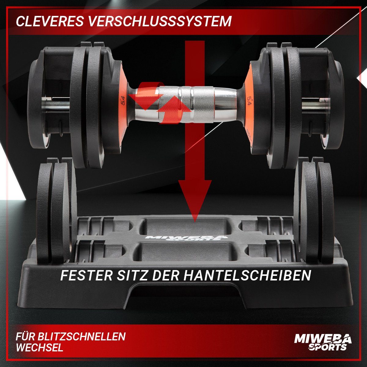 Miweba Sports Hantel-Set verstellbares Fitness Kurzhantel Set VH300 inkl. Gestell, (cleveres Verschlusssystem, Stahl, Kreuzgerändelte Hantelstange, rutschfest, Workout, Muskelaufbau, Sport, 1,4-6,8 kg, 5 Gewichtsstufen, 16 Gewichtsscheiben á 0,7 kg,