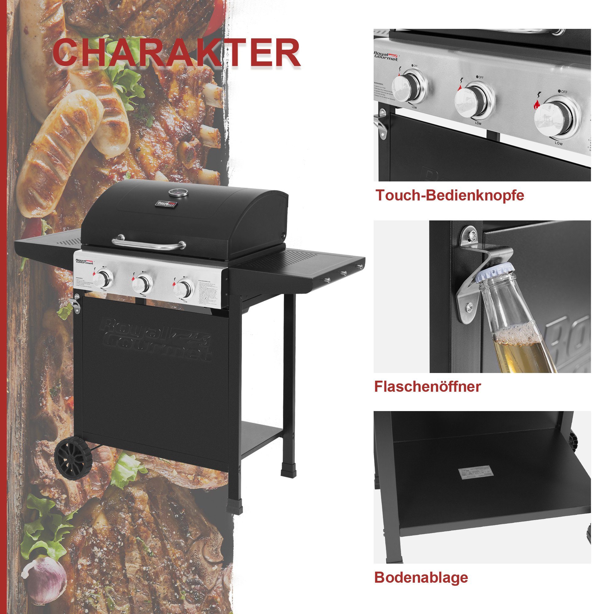 Royal Gourmet Gasgrill 3 Brenner, 9 kW Camping Gaskocher mit Kochplatte, B x T x H: 121,6 x 57,8 x 105 cm