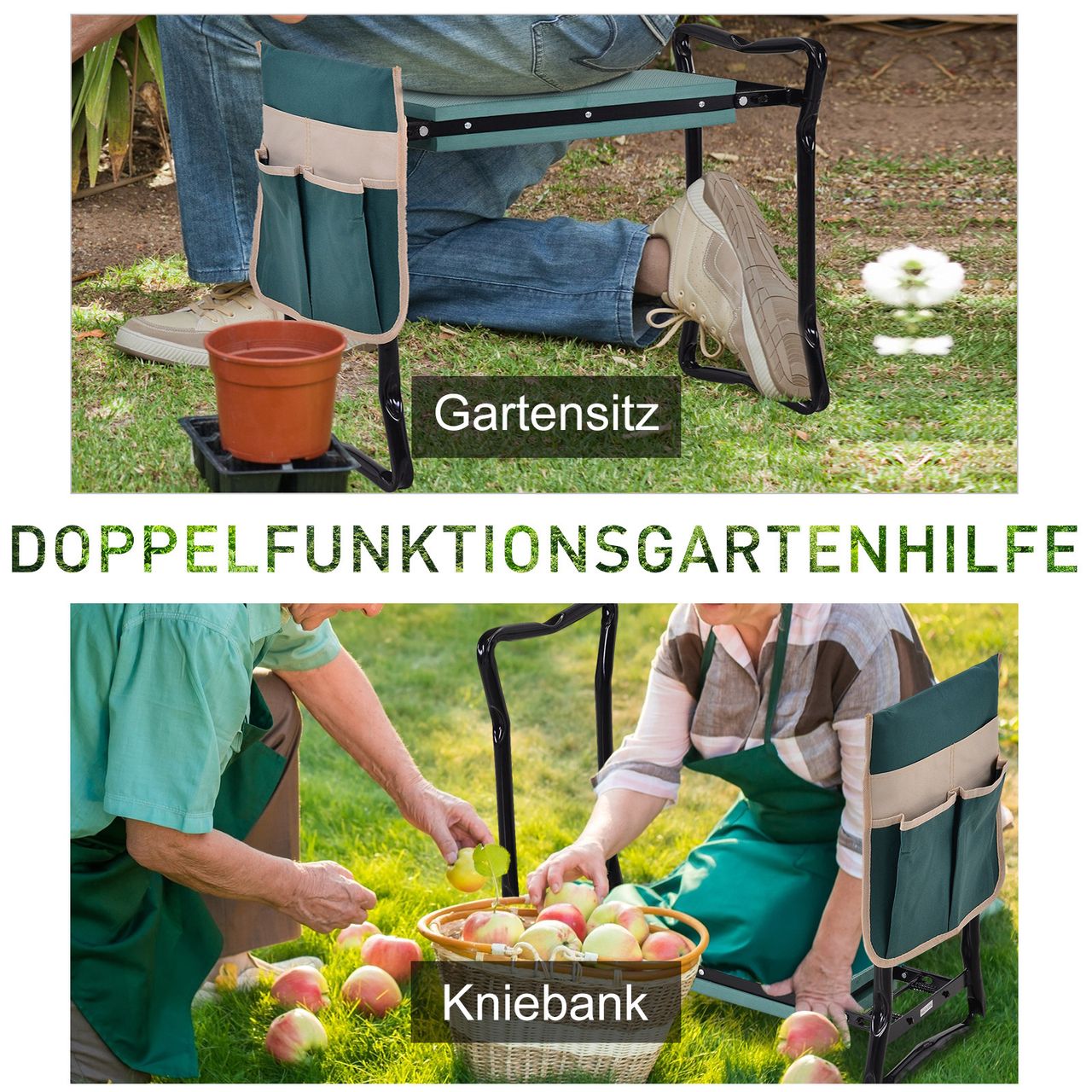 Outsunny Kniebank Klappbarer Gartenhocker 2-in-1 Kniehilfe mit Werkzeugtasche EVA-Schaumstoff 58 x 28 x 49 cm