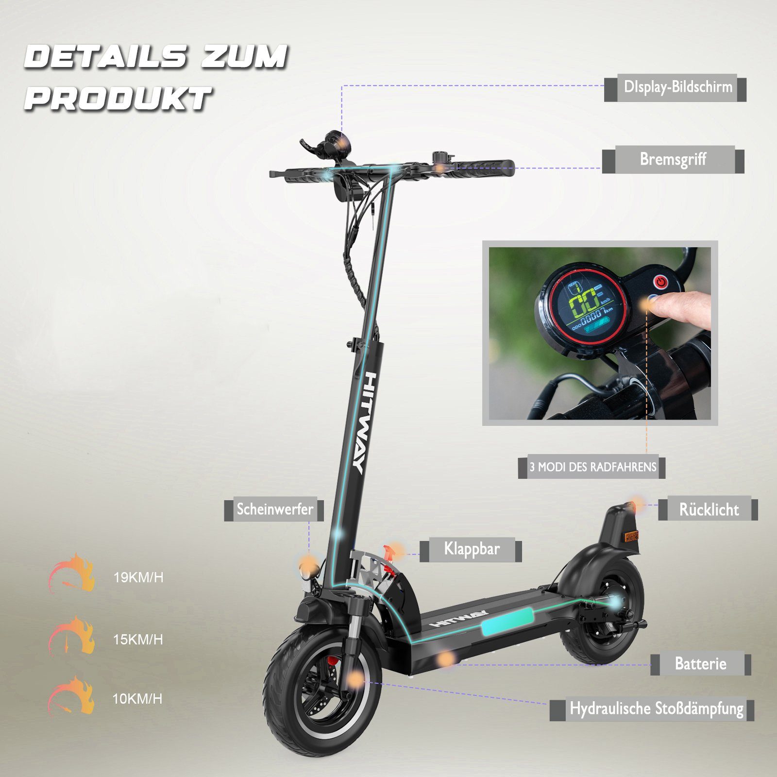 HITWAY E-Scooter, E-roller mit Straßenzulassung Doppelter Stoßdämpfer 19km/h