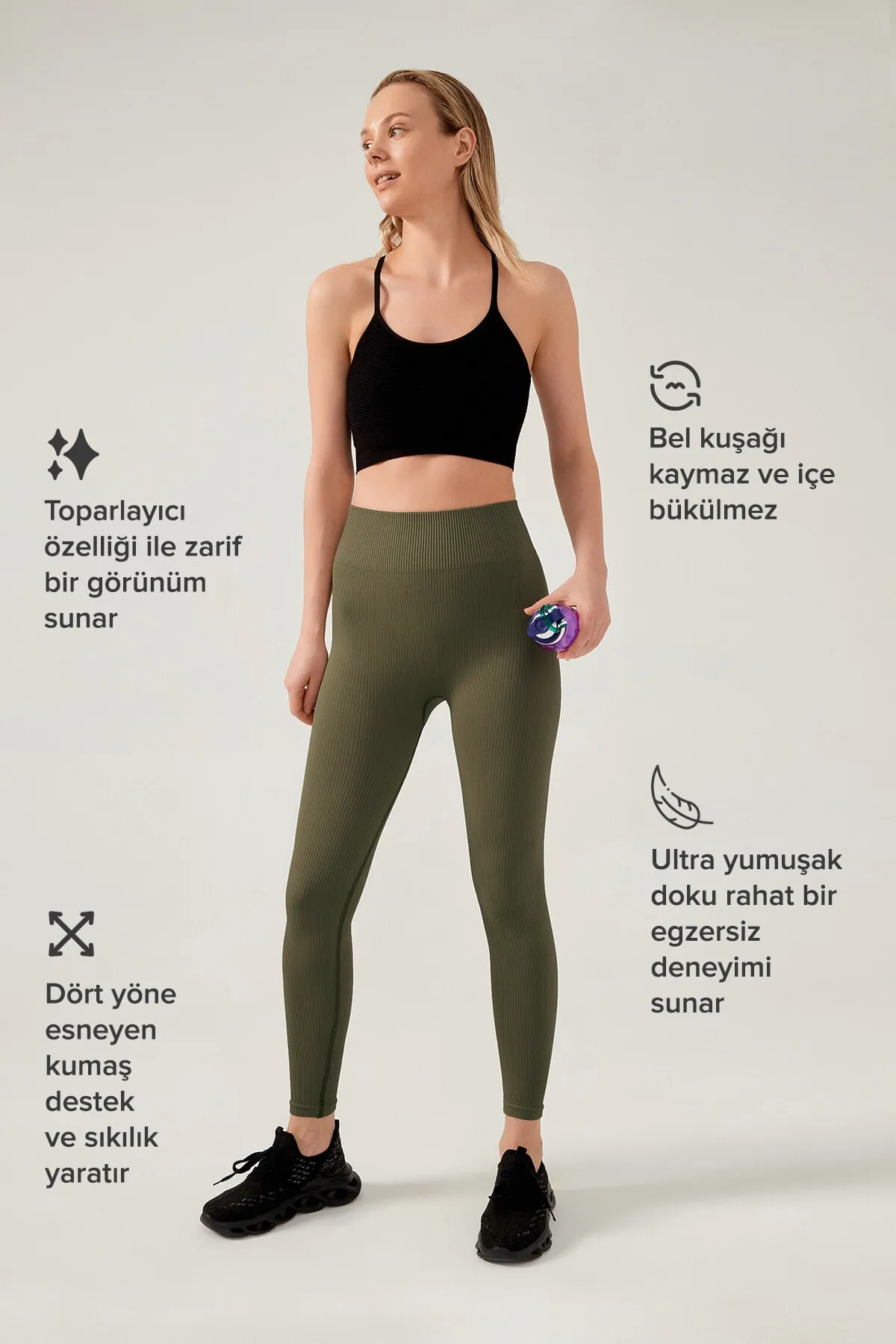 LOS OJOS  Olivgrüne, nahtlos gerippte Fitness-Leggings mit hoher Taille für Damen
