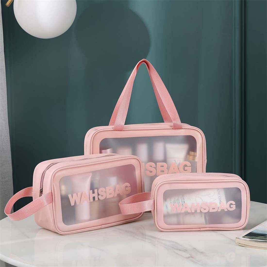 FIDDY Aufbewahrungstasche Transparente dreiteilige Kosmetik-Kulturtasche (Badetasche mit großem Fassungsvermögen, durchscheinende, gefrostete tragbare Aufbewahrungstasche für Damen, 3-tlg)