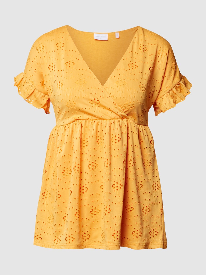 Umstands-Bluse mit floralen Lochstickereien in senfgelb