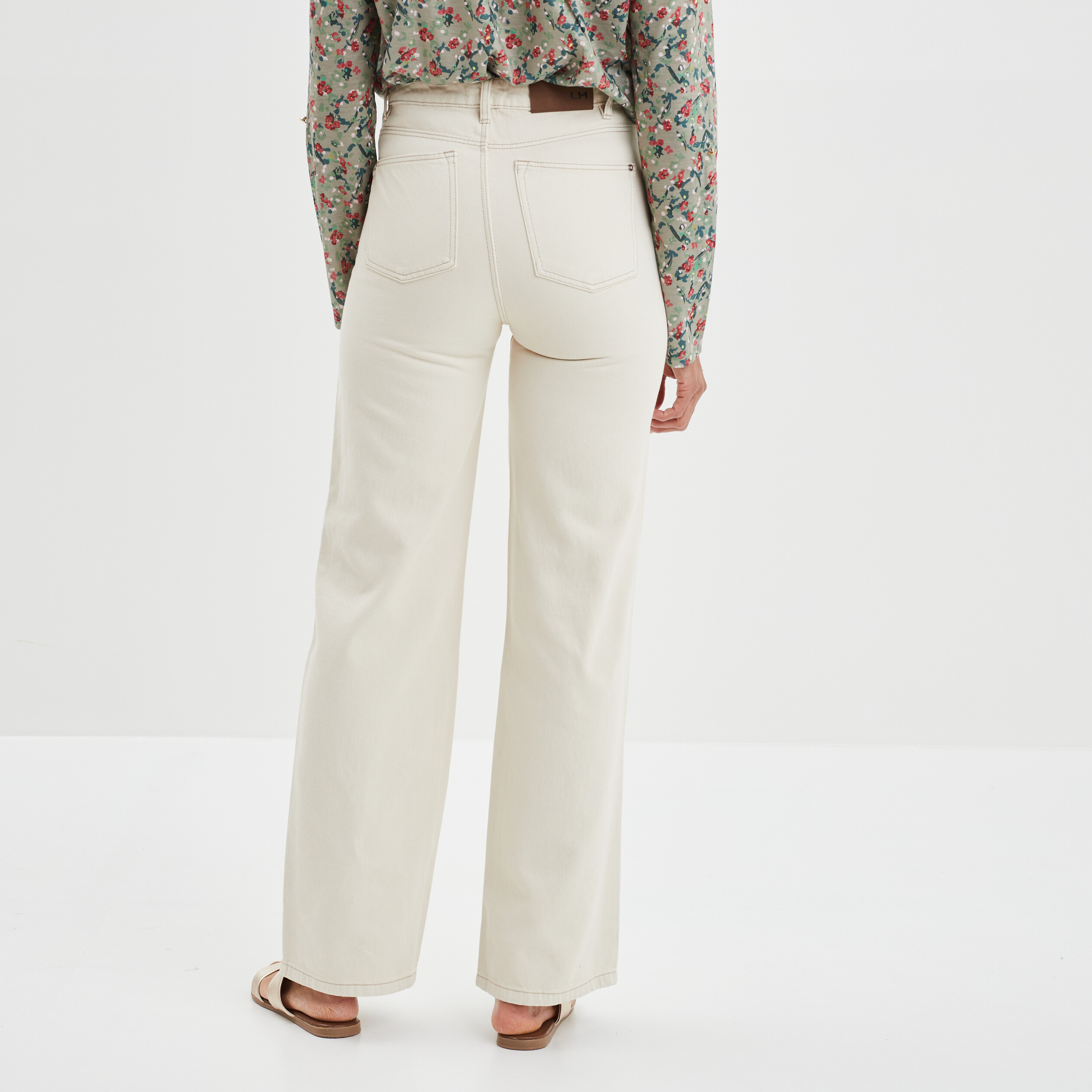Jeans wide leg taille haute coton ecru femme | La Halle