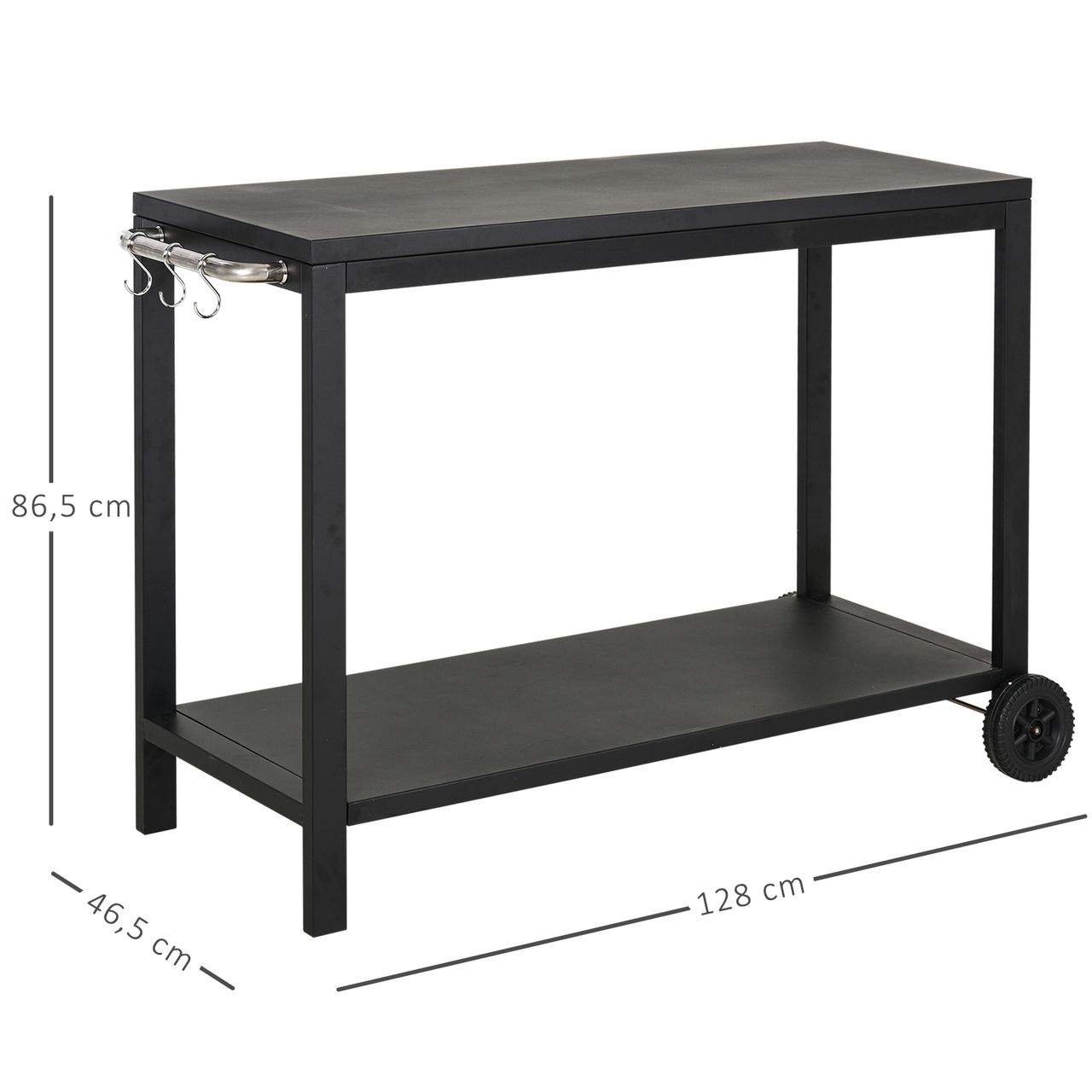 HOMCOM Küchenwagen mit Rollen, Servierwagen, Rollwagen mit Haken und Edelstahlgriffe, Küchentrolley, Schwarz, 128 x 46,5 x 86,5 cm