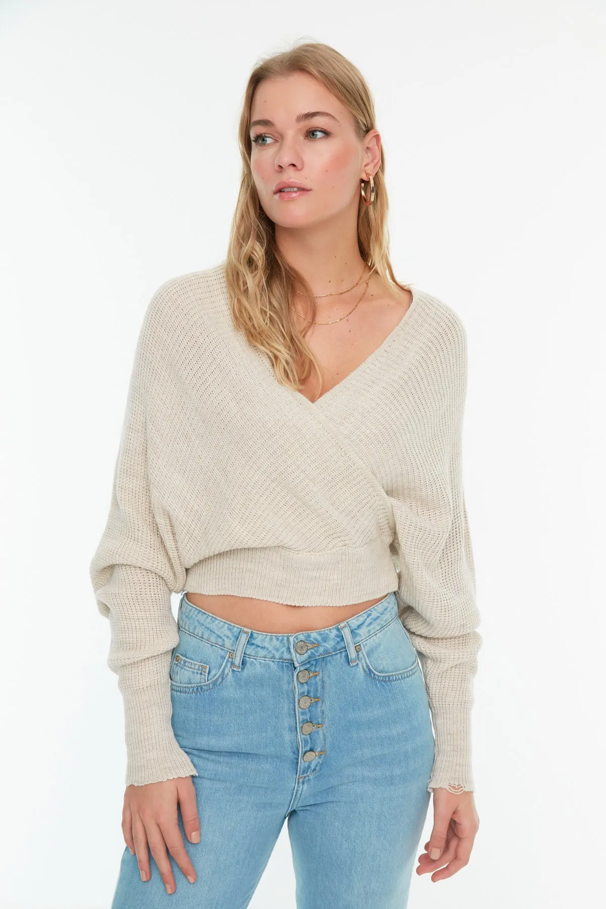 Trendyol Collection  Steinfarbener zweireihiger Strickpullover TWOAW21KZ1277