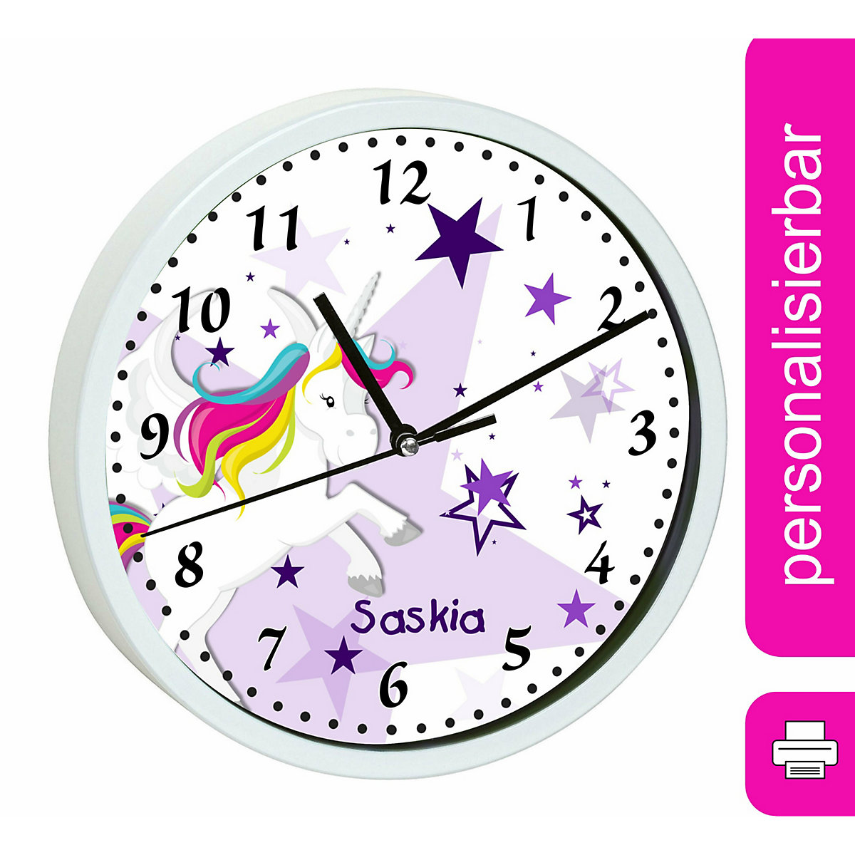 Kinder Wanduhr laufruhig personalisiert mit Name Pegasus Sterne Lila
