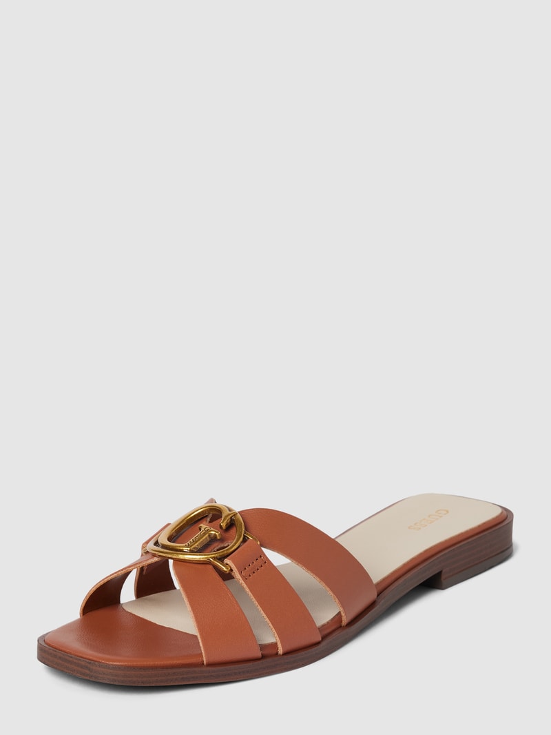 Pantoletten aus Leder mit Label-Detail Modell 'SYMO' in cognac
