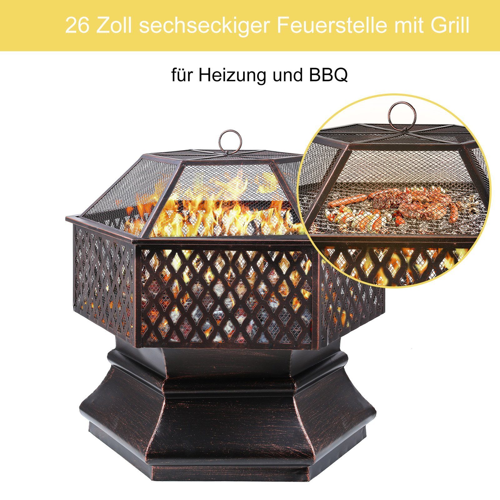 Femor Feuerschale, Sechseckige Feuerstelle, Feuerkorb mit Grillrost