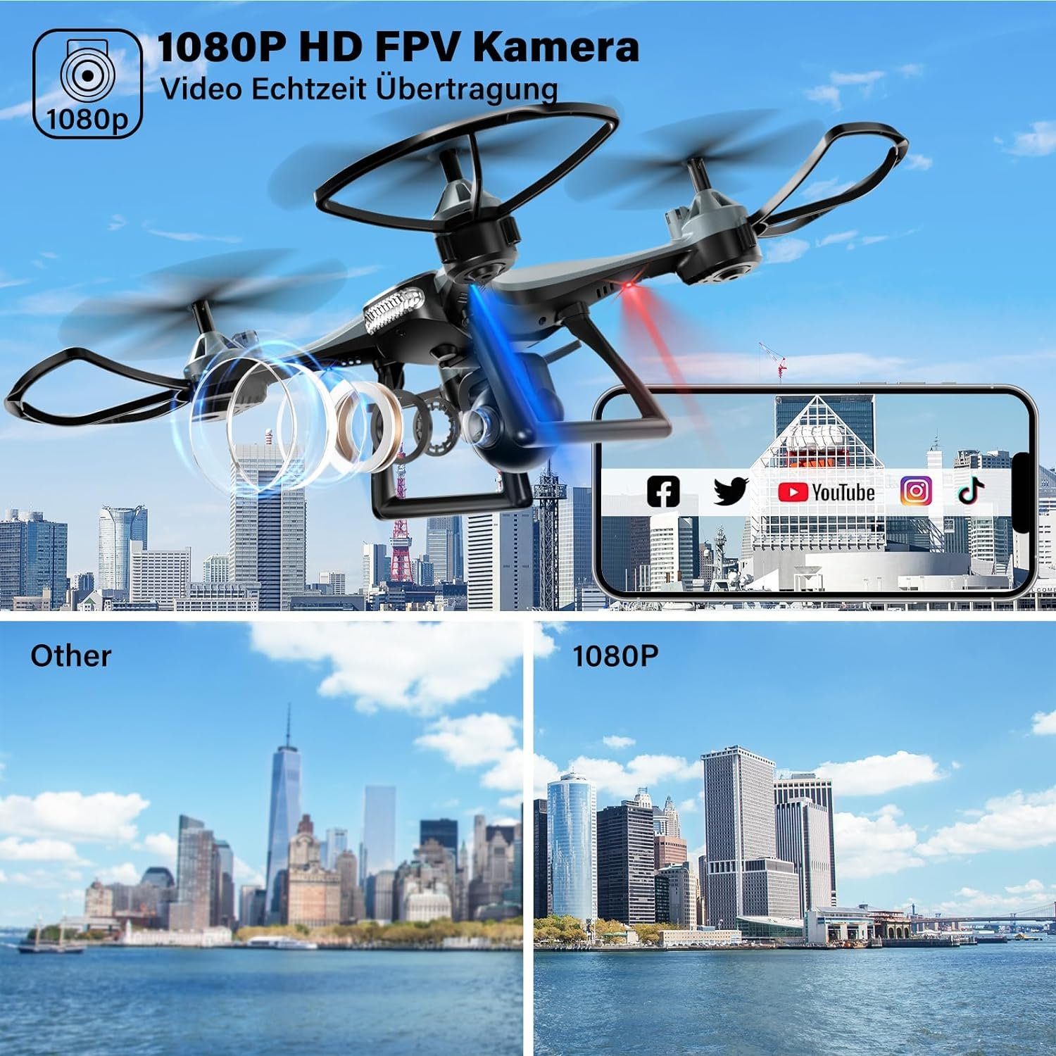 MAETOT Drohne (1080P, Maetot Drohnen Mit 1080P HD Kamera,FPV Quadcopter RC für Kinder, APP-Steuerung,Ein-Tasten-Anfangsgeschwindigkeitseinstellung, 360°-Flip)