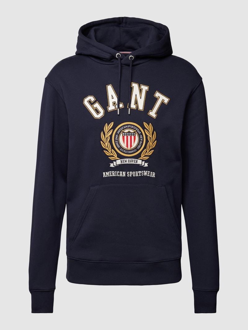 Hoodie mit Label-Stitching Modell 'CREST' in dunkelblau meliert
