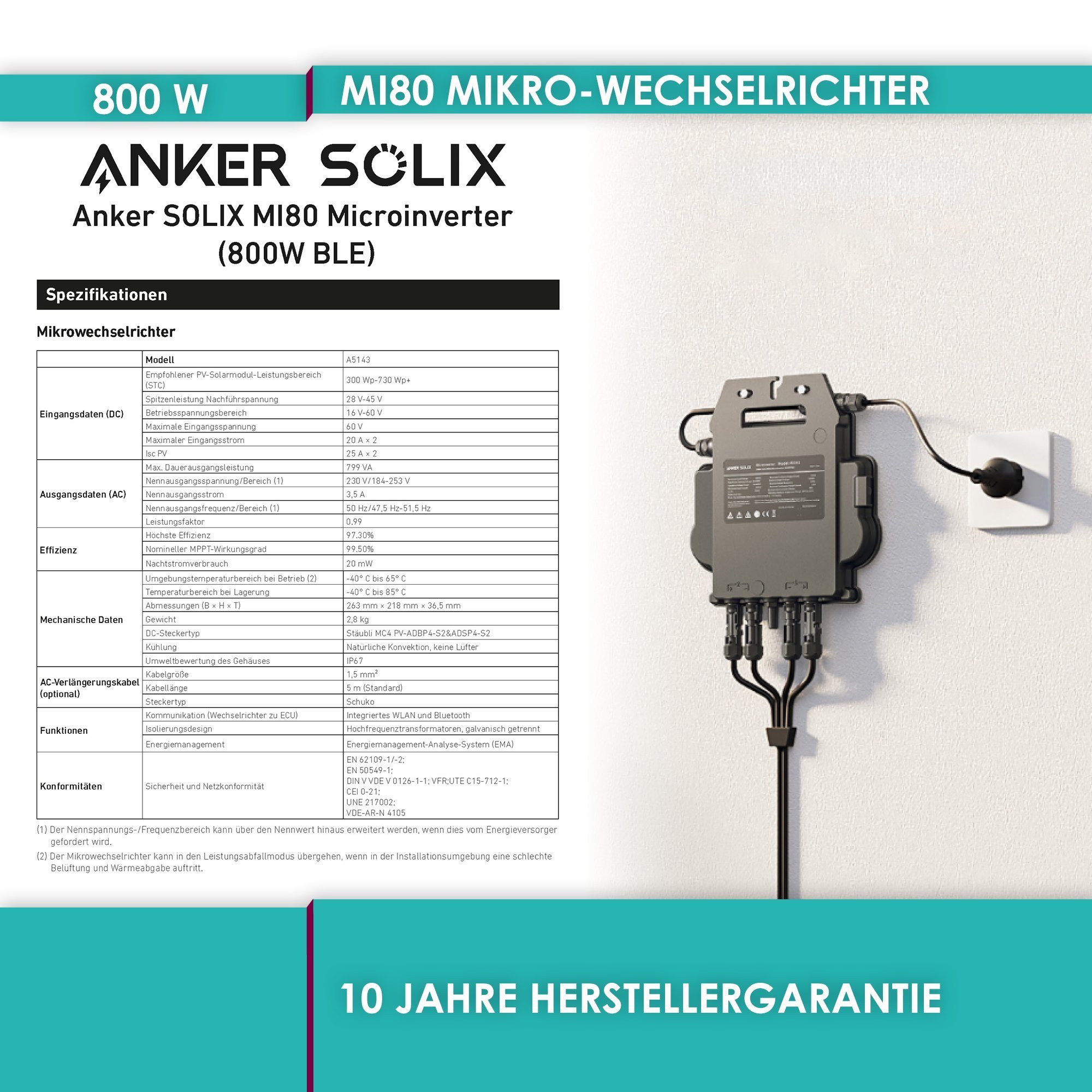 VALE Solaranlage Balkonkraftwerk 820W mit Speicher, (2 x 410W Bifaziale Black Frame Glas-Glas Maysun MS410MDG-40H TwiSun Module, Anker MI80 800W Wechselrichter, Anker 1,6kWh Batteriespeicher, 4 x 3m MC4 Kabel, 2 x 3m MC4 Y-Kabel, 5m Anschlusskabel)
