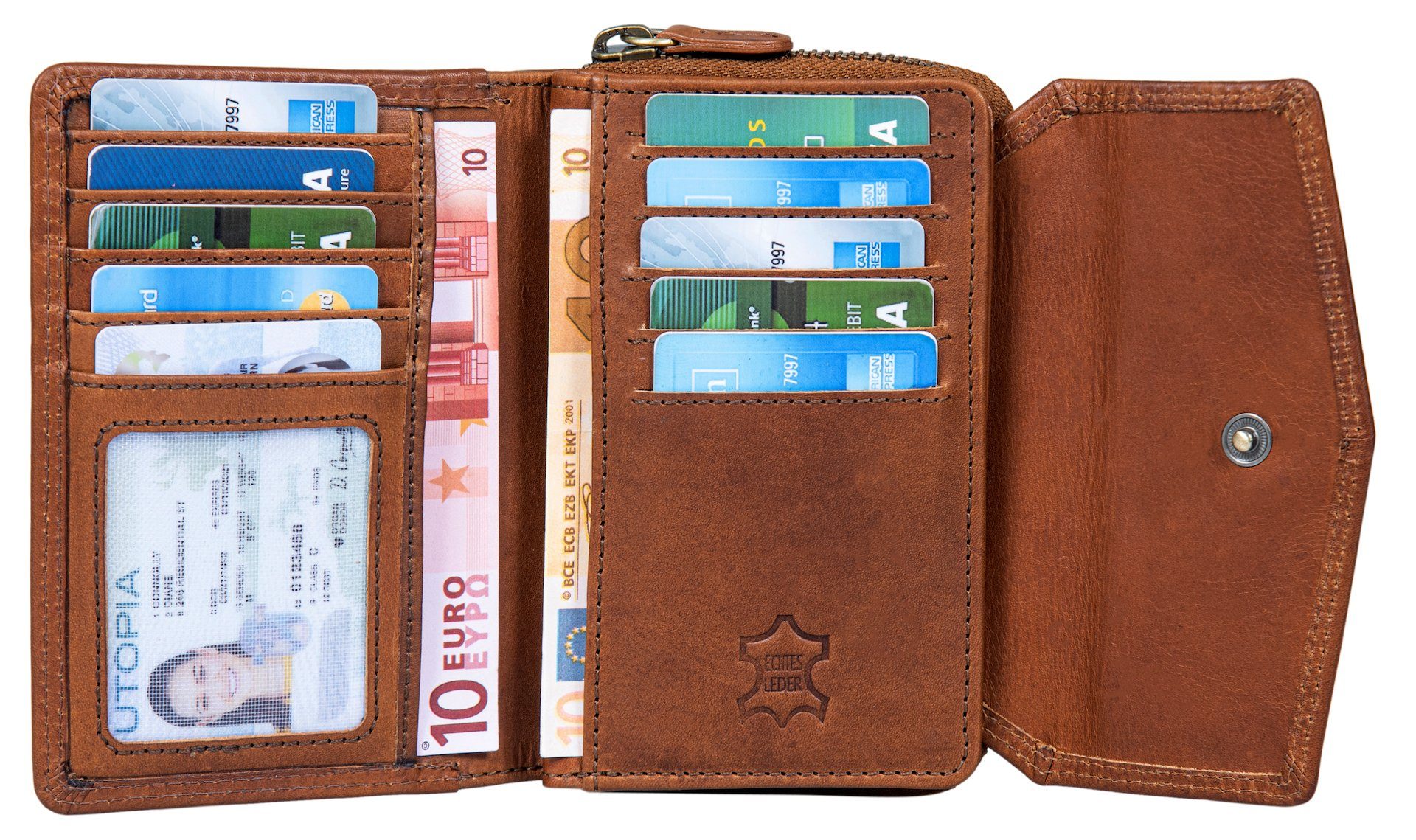 Benthill Geldbörse Damen Portemonnaie Echt Leder Vintage Portmonee Kreditkartenetui, RFID-Schutz Kartenfächer Münzfach Reißverschlussfach