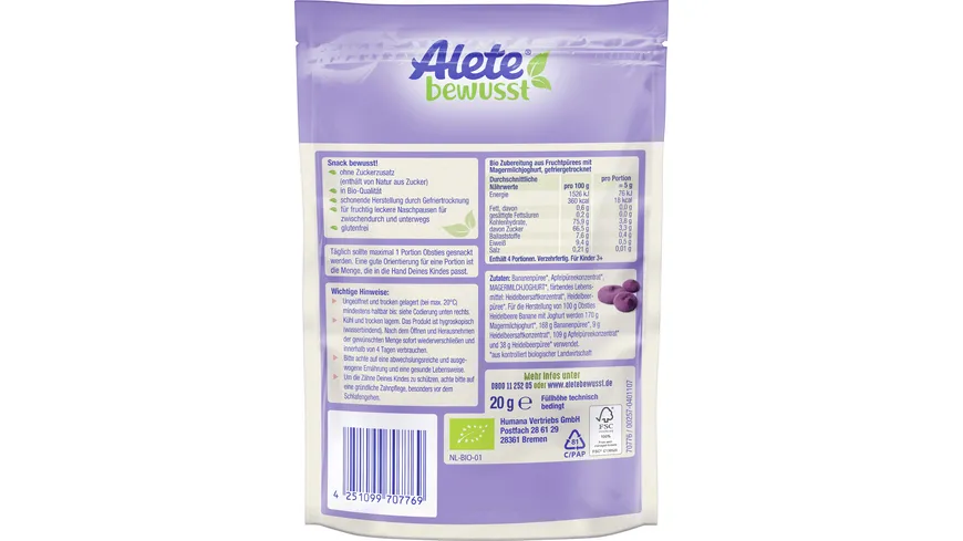 Alete bewusst Bio Obsties Heidelbeere Banane mit Joghurt 20 g