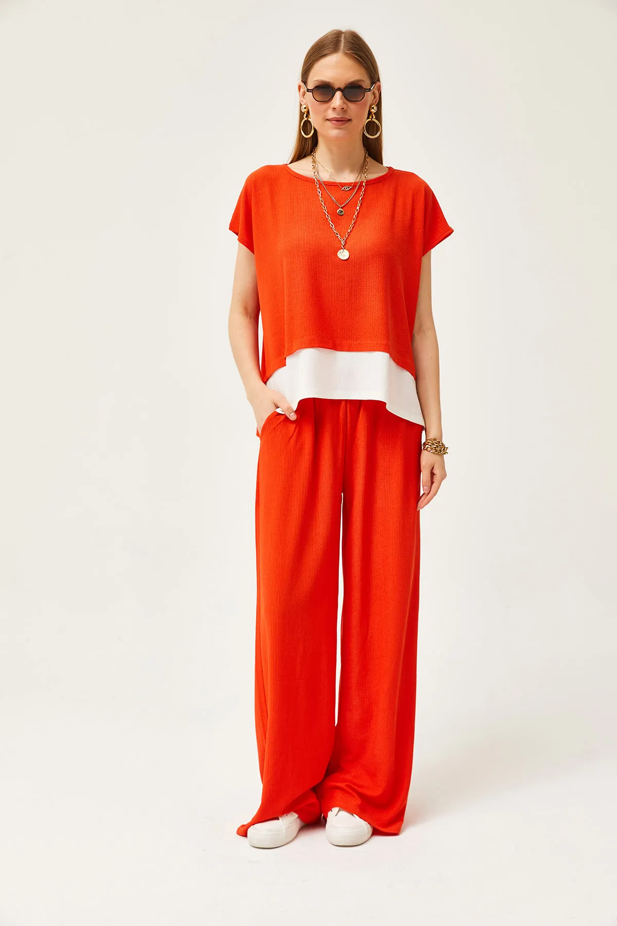 Olalook  Damen-Set mit Oberteil, Bluse und Hose in Orange TKM-19000273
