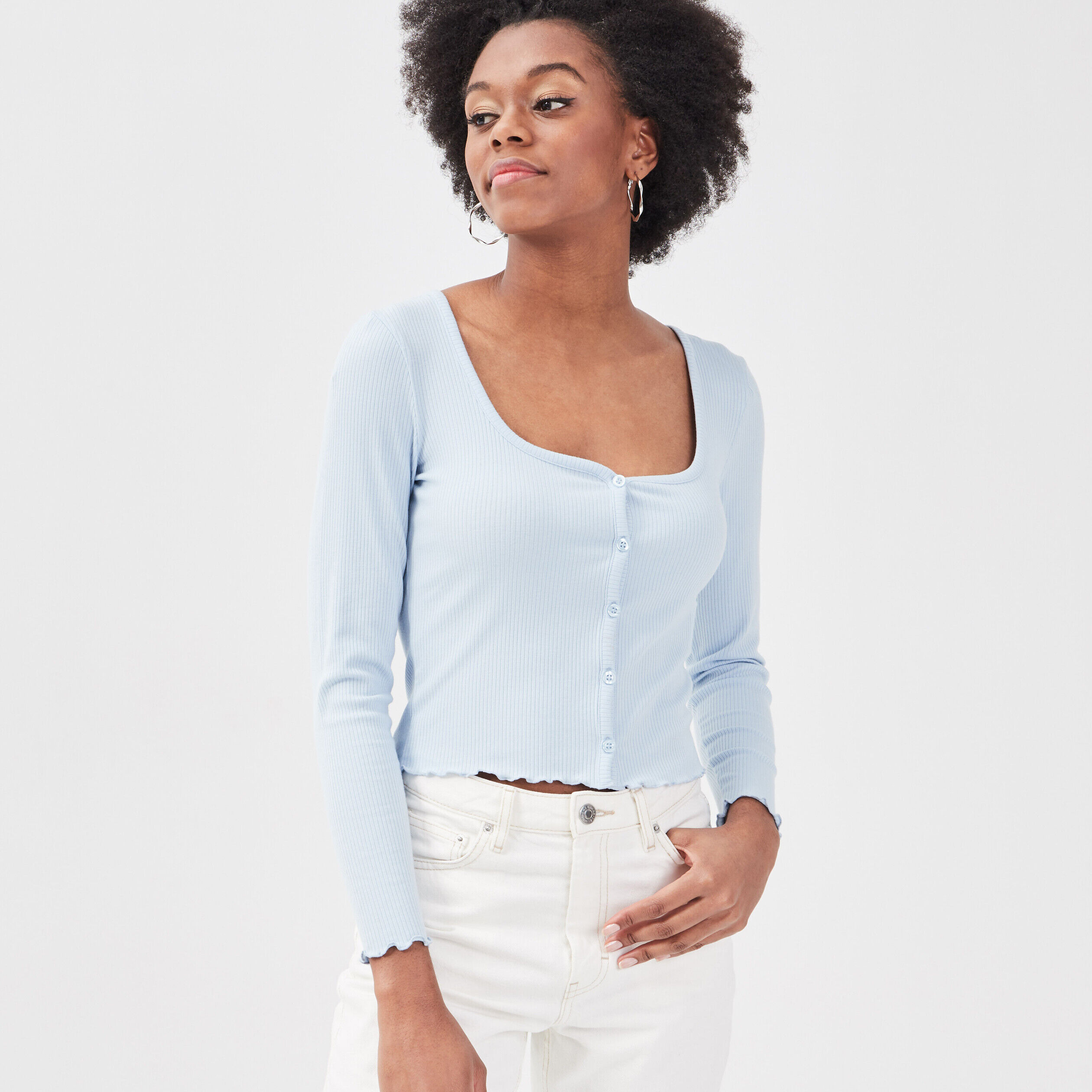 Gilet boutonné manches longues bleu pastel femme | Cache Cache