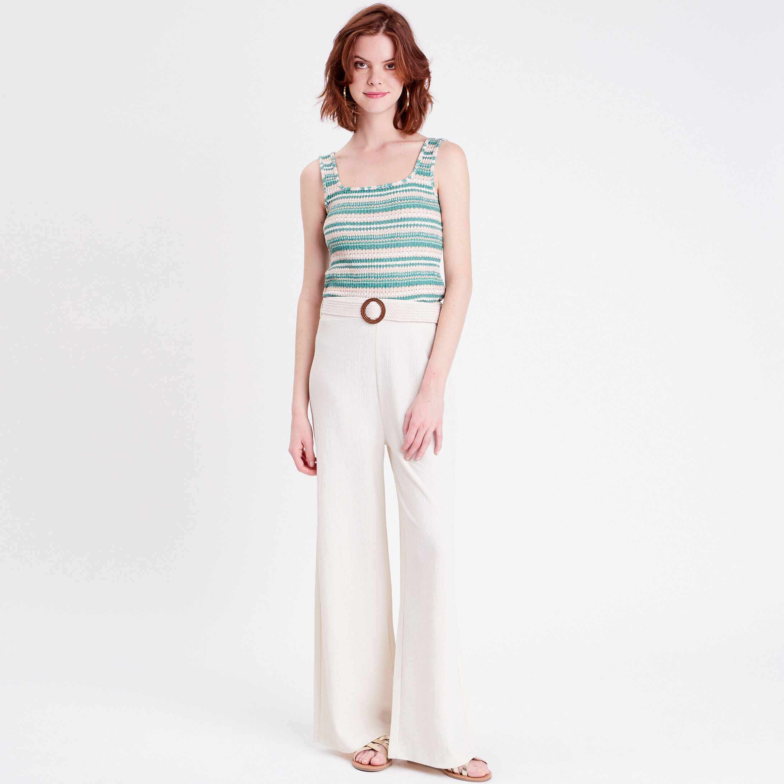 Pantalon large ceinturé sable femme | Cache Cache