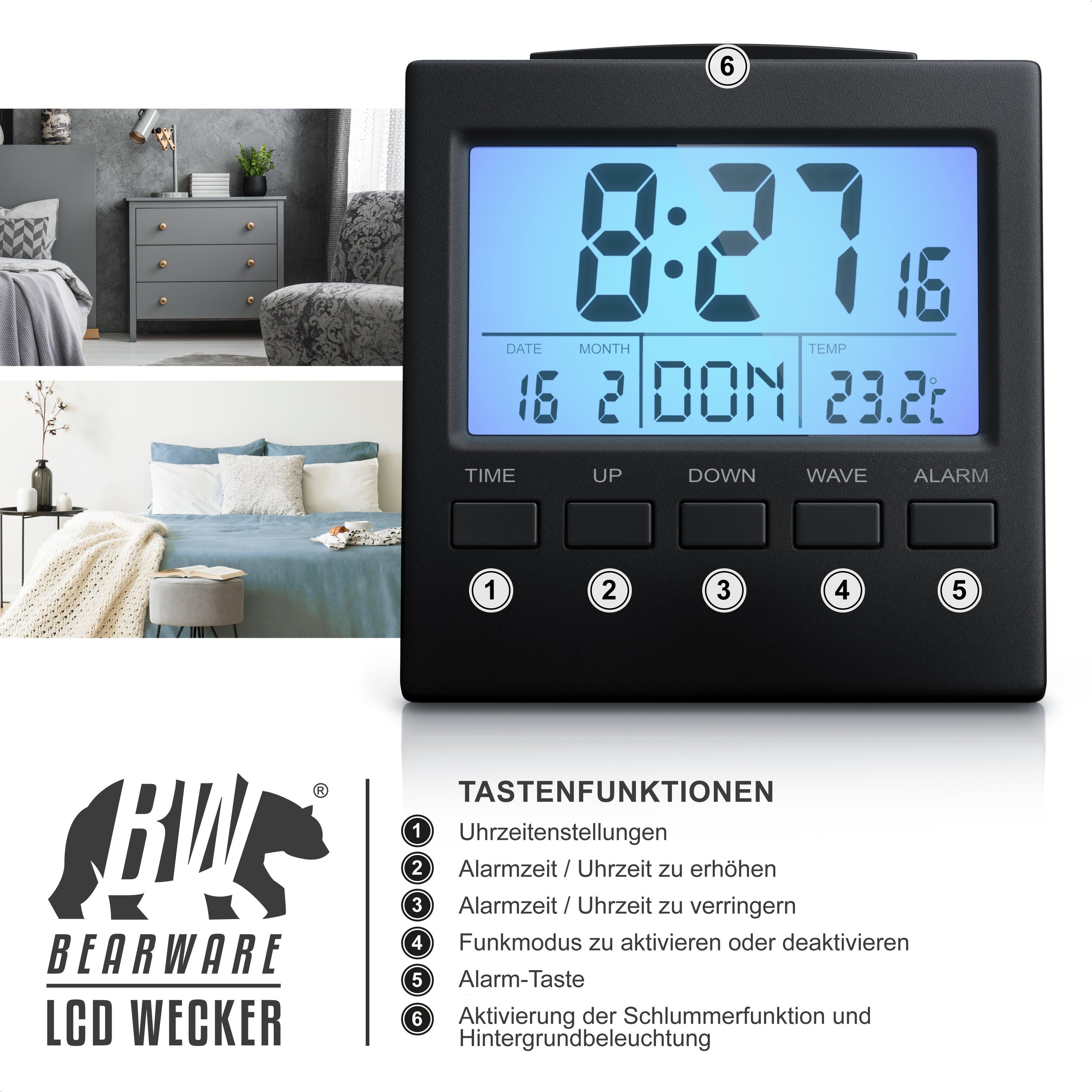 BEARWARE Wecker Digital-Funkwecker, Innen Temperaturanzeige, DCF-Funkuhr Datumsanzeige