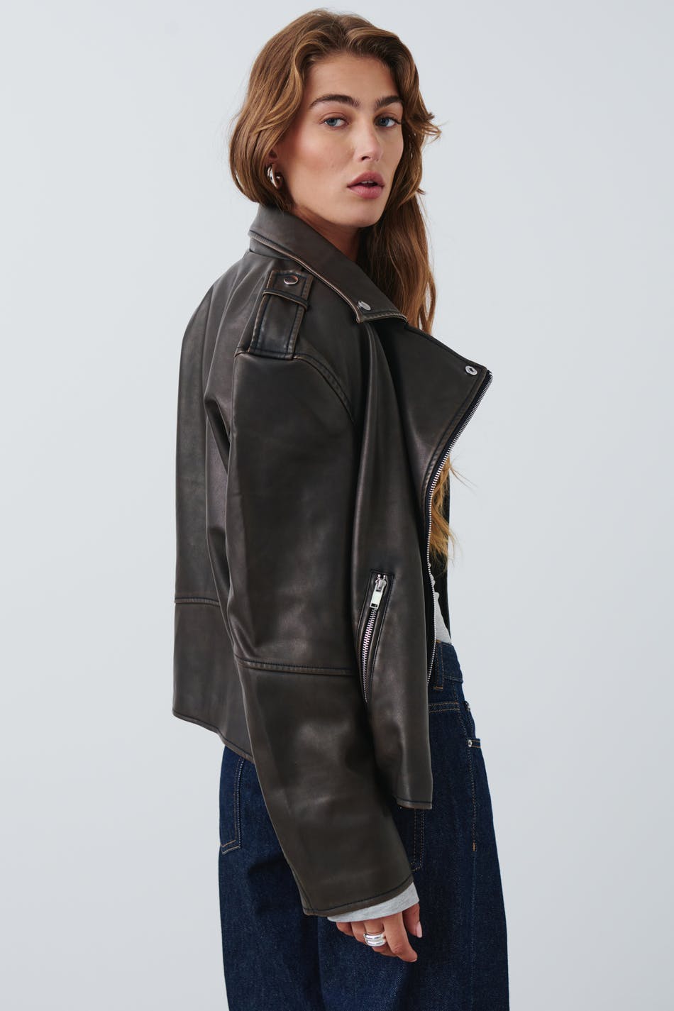 Oversized washed pu biker