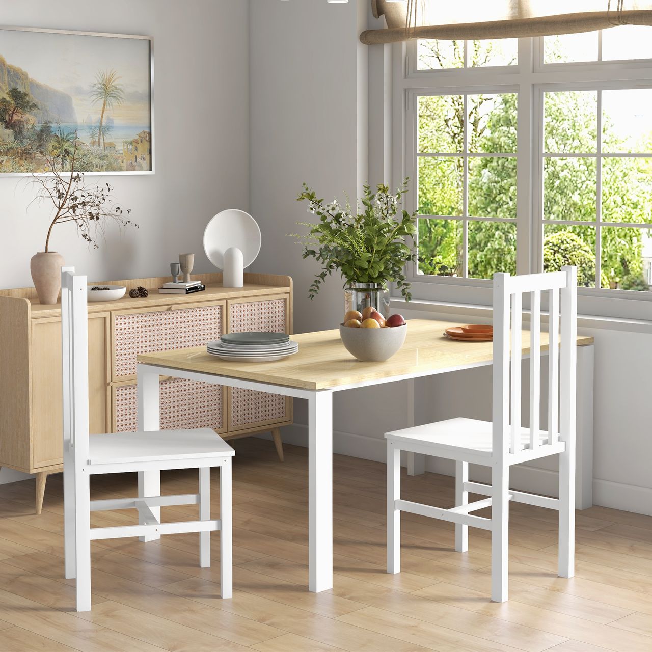 HOMCOM Esszimmerstühle, 2er-Set Küchenstuhl, Essstuhl mit Rückenlehne, Holz Weiß
