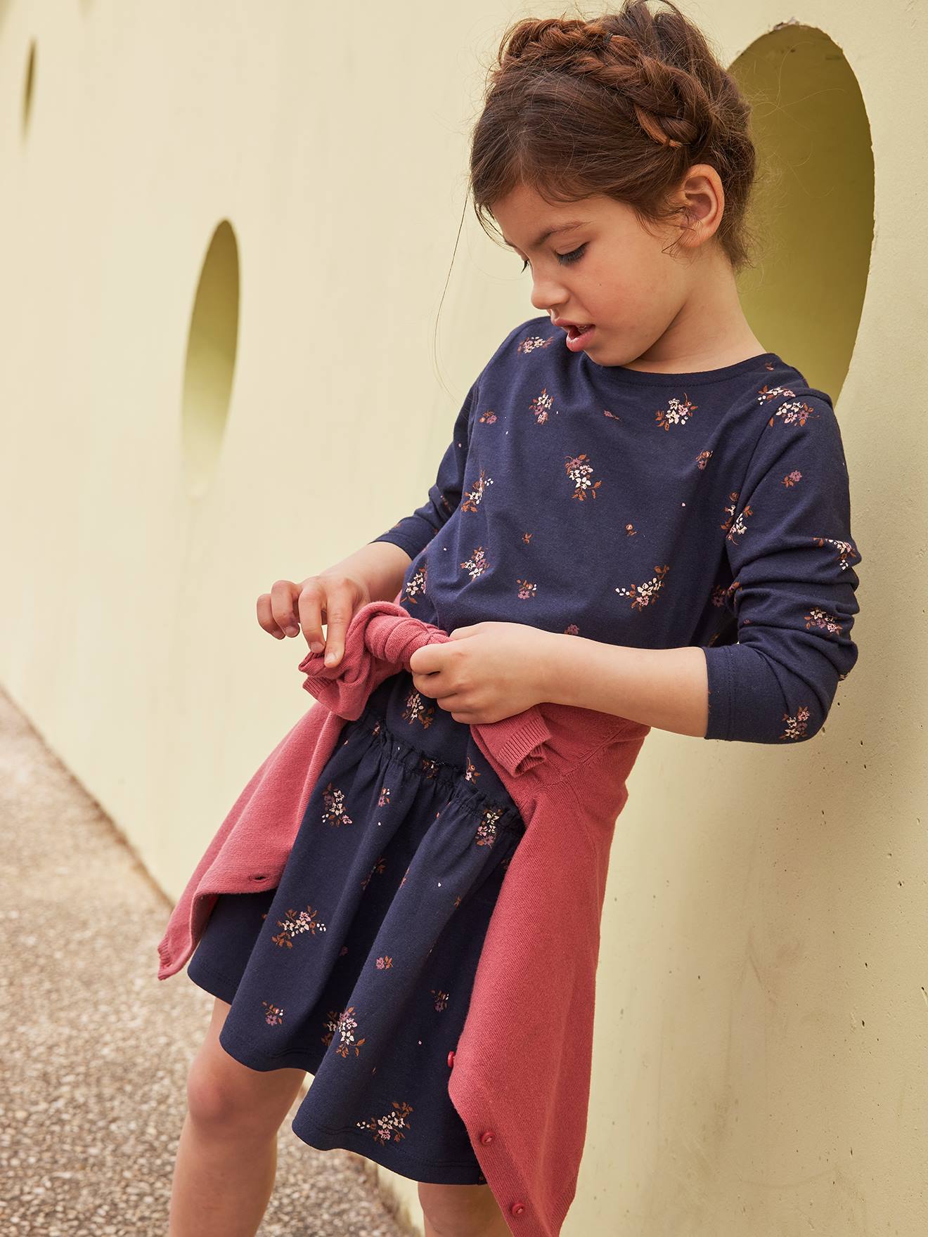 Robe Basics imprimée fille manches longues rose imprimé