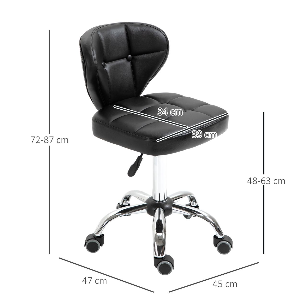 HOMCOM 2er-Set Arbeitshocker mit Rückenlehne Rollhocker aus Kunstleder Drehhocker mit Lehne Kosmetikhocker 72-87 cm höhenverstellbar Büro Dunkelgrau 45 x 47 x 72-87 cm