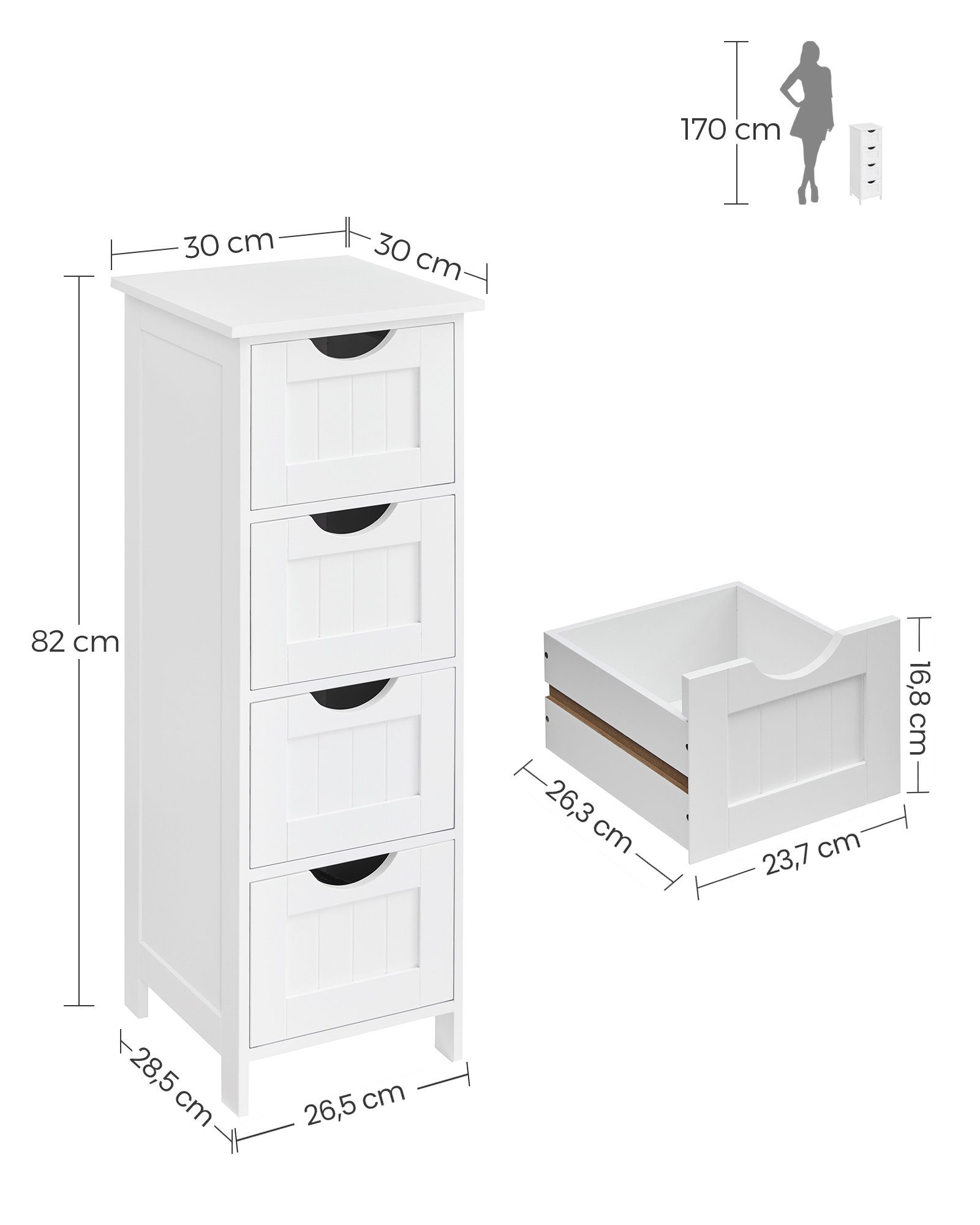 VASAGLE Badkommode Badezimmerschrank, mit 4 Schubladen, 30 x 30 x 82 cm