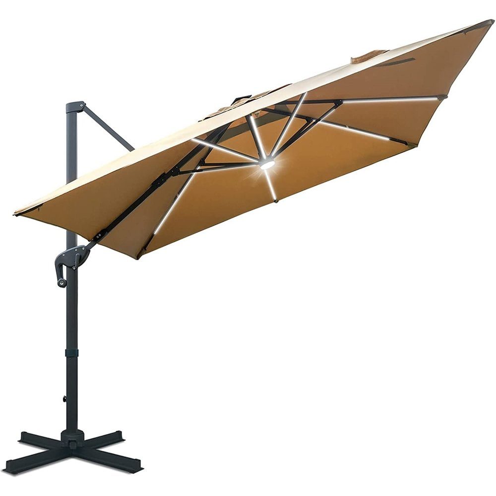 Melko Sonnenschirm Sonnenschirm Kurbelschirm 300 x 300 cm Ampelschirm LED Gartenschirm, neigbar, drehbar, platzspraned verstaubar